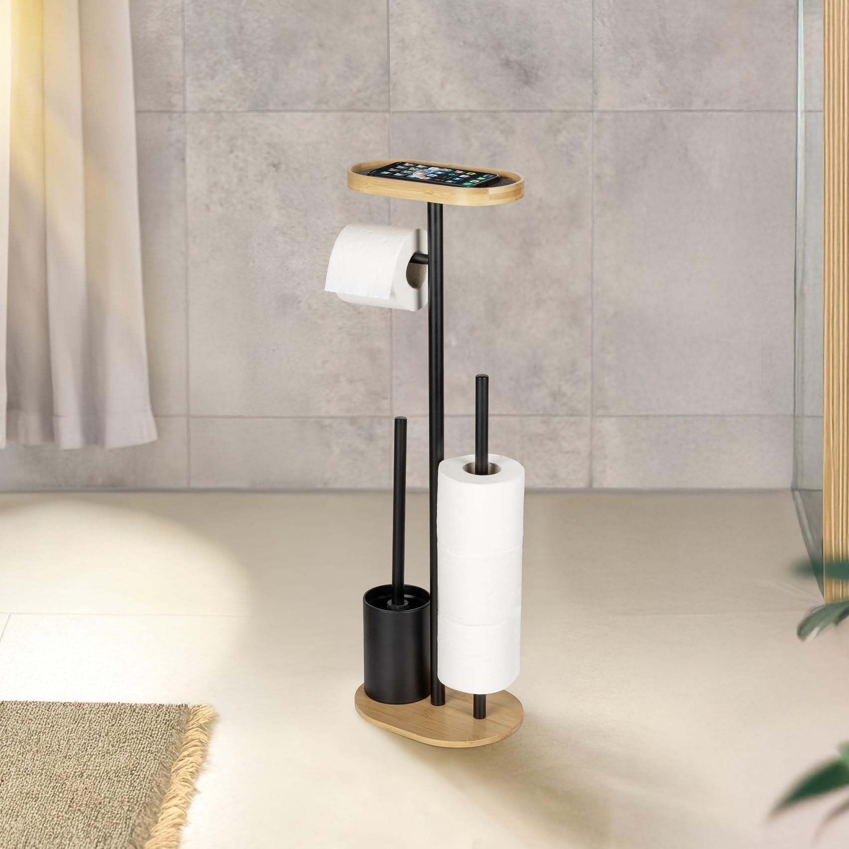 Stand WC-Garnitur Mod. Pomarolo, Bambus, Stahl, Natur/schwarz, 25x70,5x17 cm, inklusive Ablagefläche für Handy