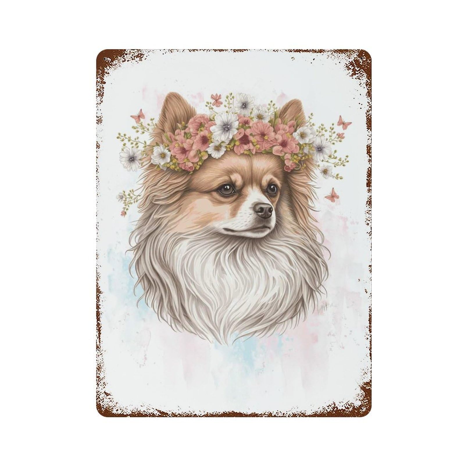 Pomeranian Flower Crown Weathered Tin Sign 15.7"x11.8", Ideal for Shed, Workshop And Garage Wall Decor