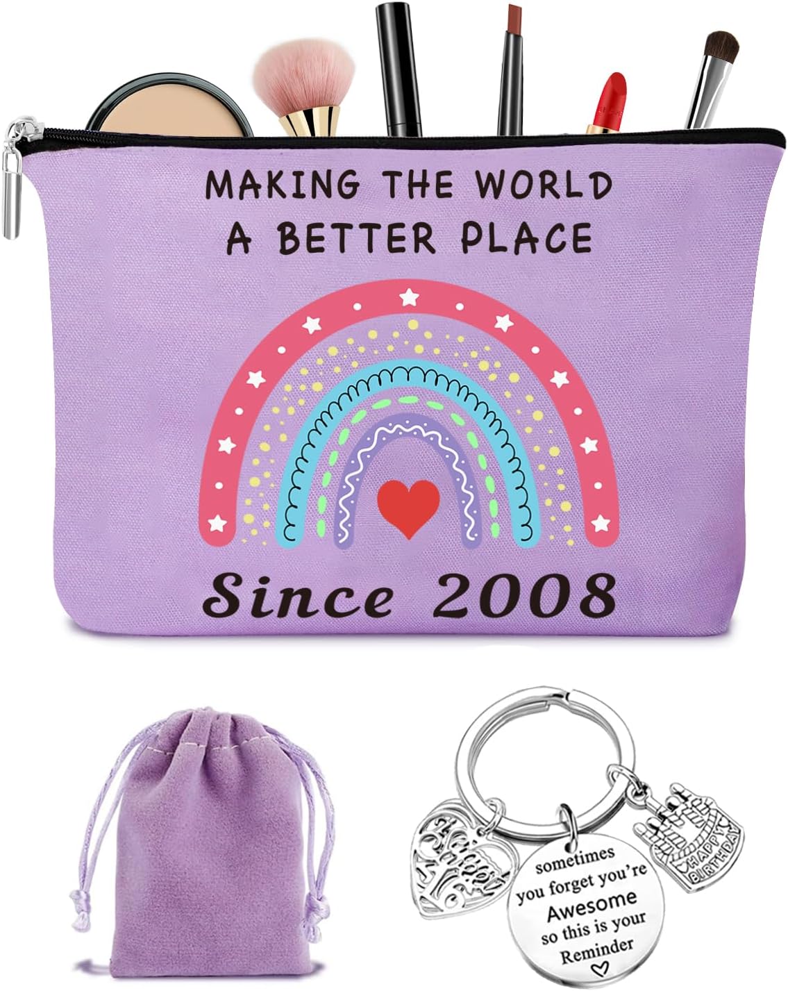 Sweet 17th Birthday Gifts Girl - 2008 Birthday Makeup Bag and Inspirational Keychain, 17th Birthday Gifts Ideas for Daughter, Niece, Granddaughter, Friends, Christmas Cosmetic Travel Bag