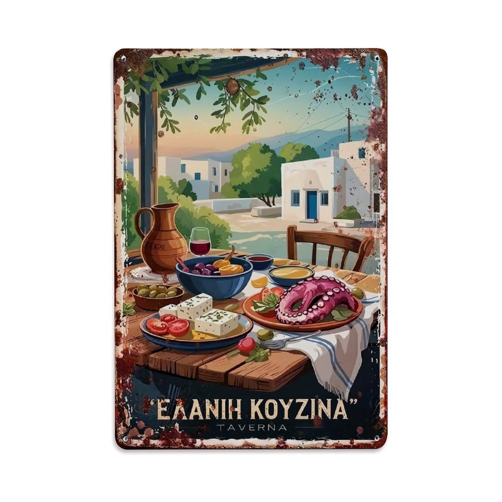 Jdfenggu Vintage Mediterranean Dining Scene With Seafood And Cheese Retro Metal Tin Sign, Decor Art Poster For Bar, Home, Man Cave, Kitchen, Laundry Room Gift 8X12inch
