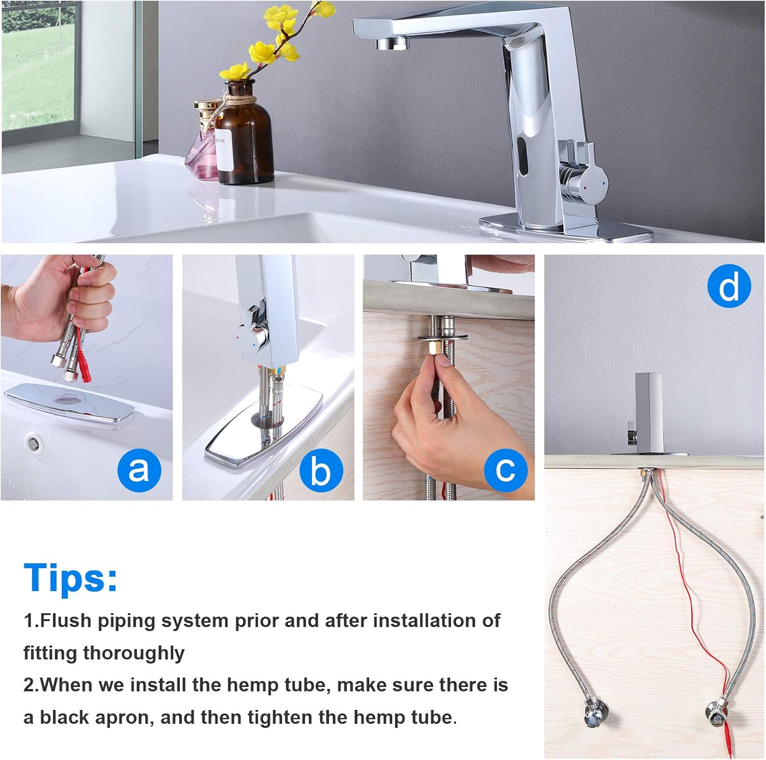 POOPEE Automatic Sensor Touchless Bathroom Sink Faucet with Hole Cover Plate, Chrome Vanity Faucets, Hands-Free Bathroom Water Tap with Control Box and Temperature Mixer, Easy Installation (Chrome) - - 