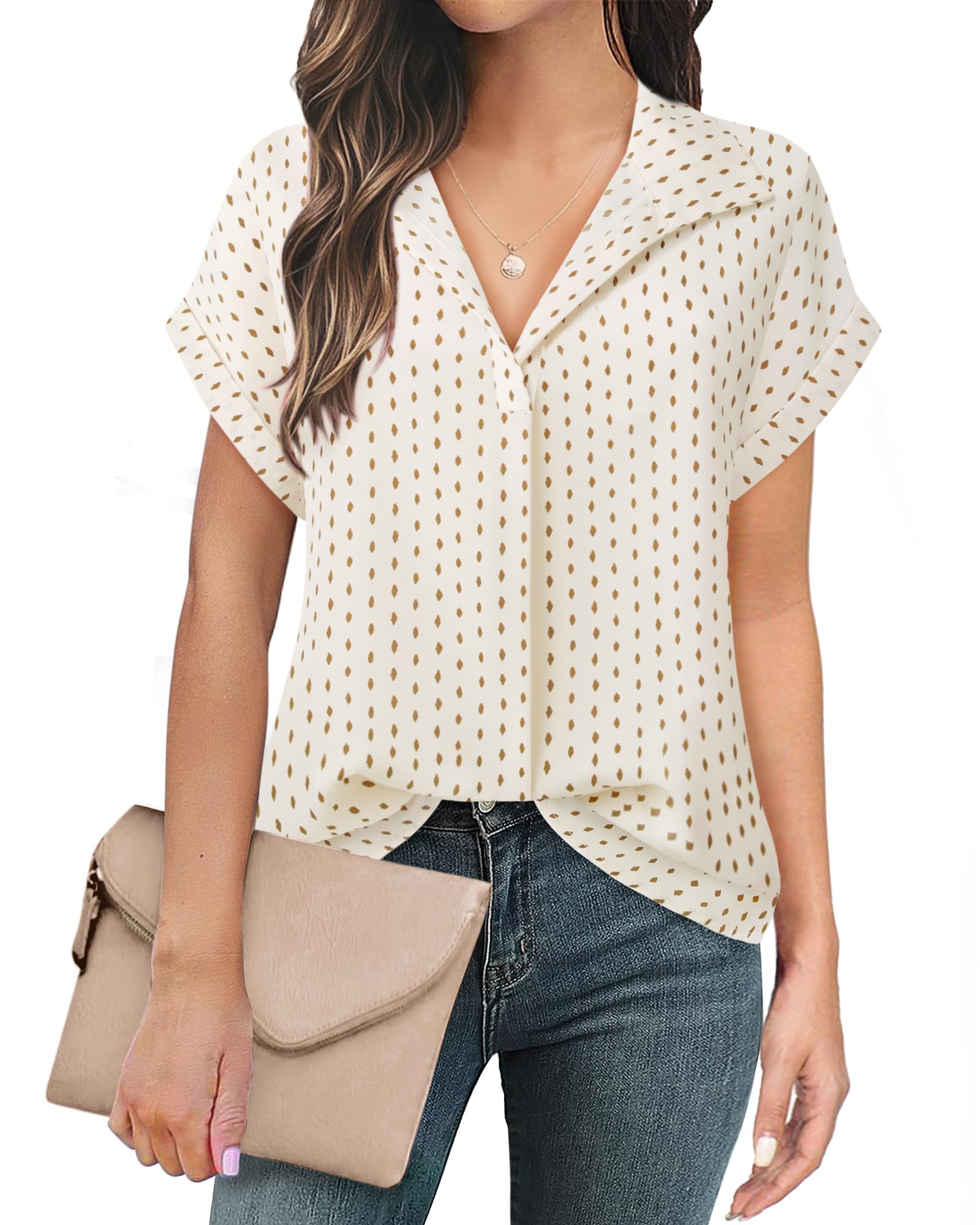 Timeson Women's Short Sleeve Chiffon Blouses for Office Work Business Attire Collared Shirts