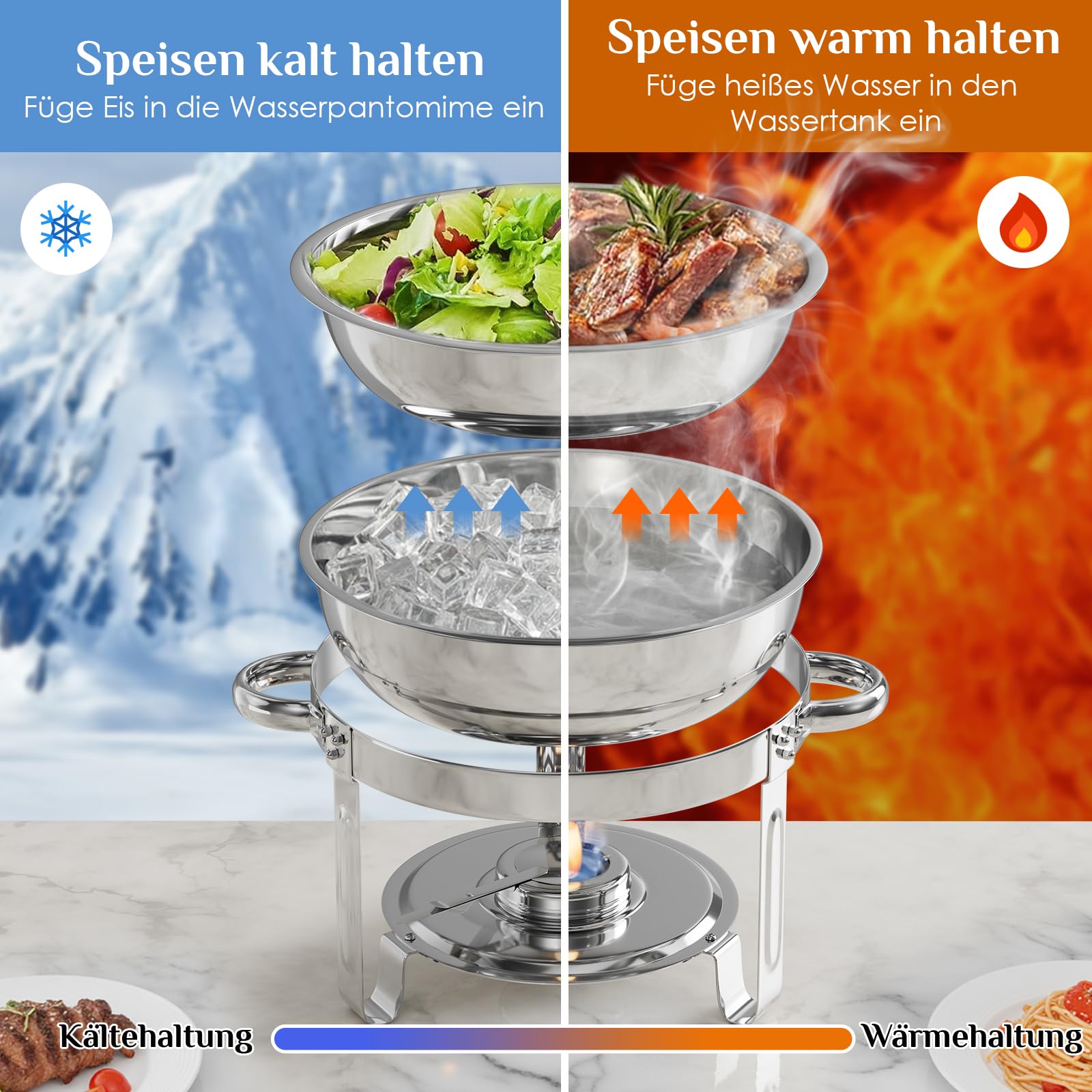 TLGREEN 4 Pezzi Set Chafing Dish Buffet Rotondo 4X5L, Scaldavivande in Acciaio Inox Contenitore Vassoio di Riscaldamento con Coperchi Pentole per Catering, Matrimoni, cene, Buffet, Feste