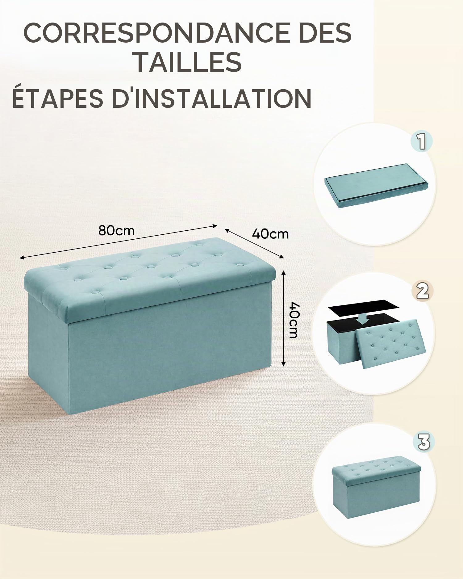 Bonlife Pliable Banc de Rangement Poufs et Repose Pieds Grand Coffre a Jouet Banc avec Espace de Rangement Flanelle Verte 80X40X40cm