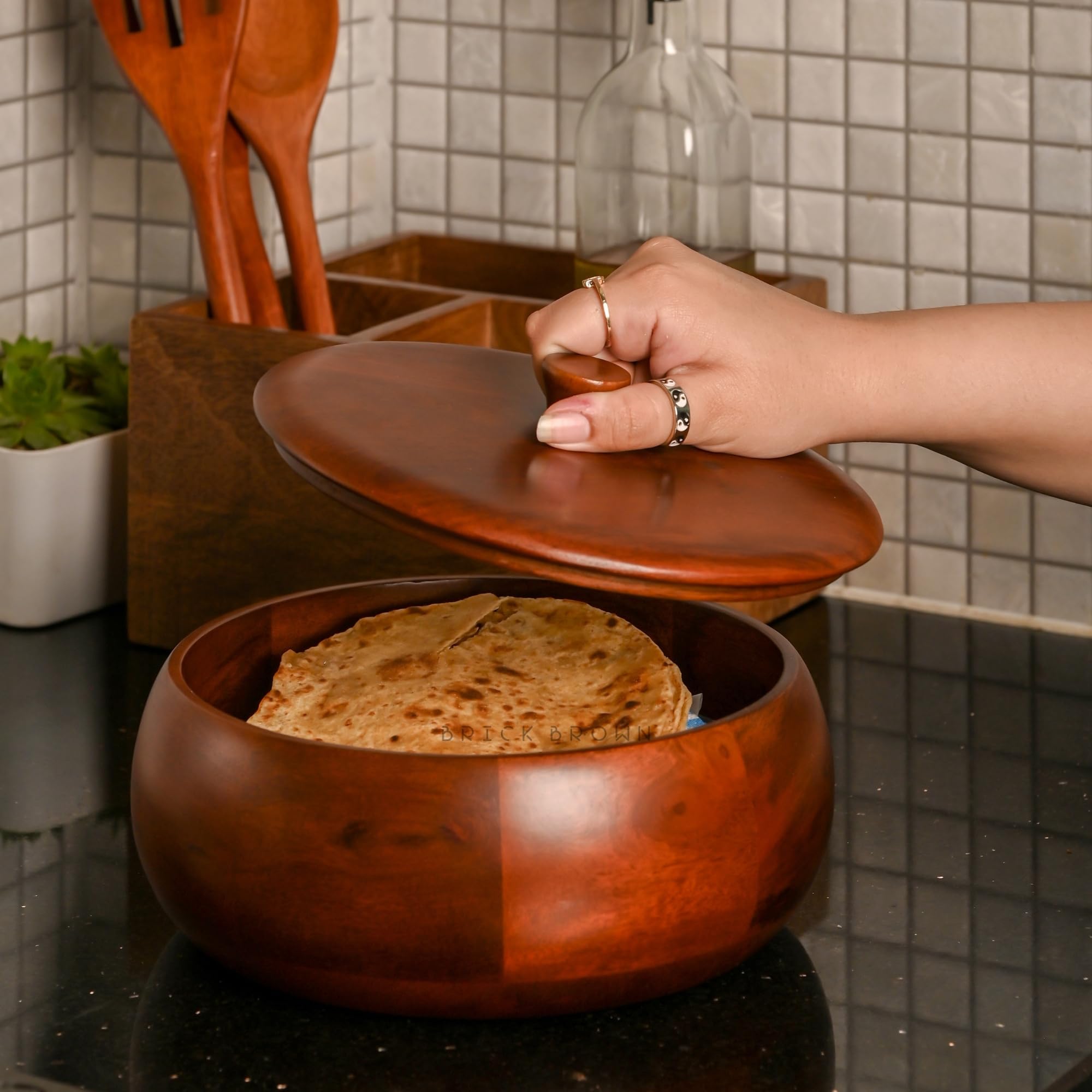 Brick Brown® Handcrafted Premium Mahogany Finish Roti Box with Lid | Solid Wood Chapati Box for Kitchen & Dining | Roti Casserole/Roti Hot Pot Case | Handmade Roti Dabba Serveware | Roti Container (8.75×8.75x4.75 Inch)