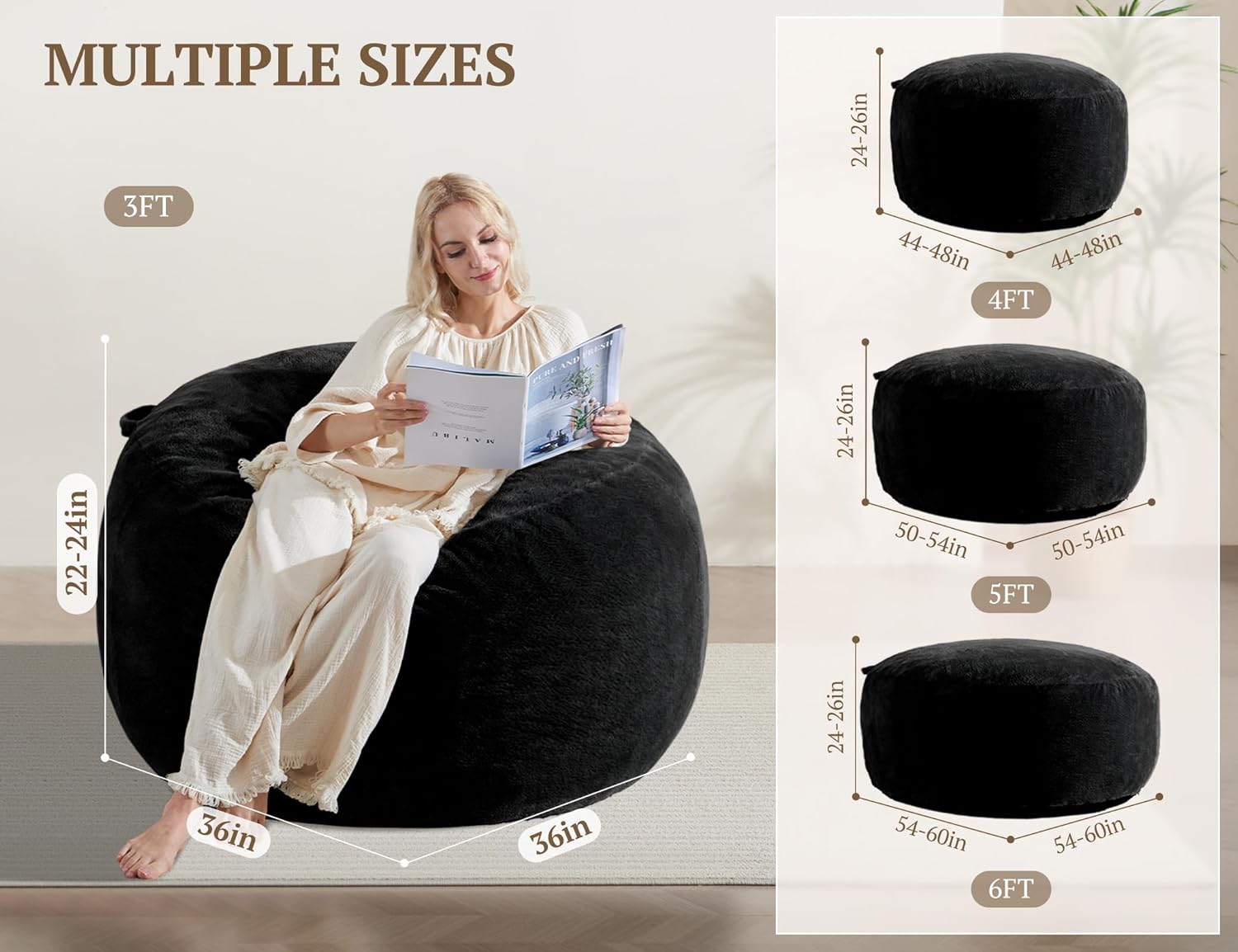 wsofrlac 3ft bean bag chair, comfy bean bag chairs for adults, luxury velvet memory foam stuffed beans bags with removable cover, adult beanbag chair with filler for living room, bedroom, black 3ft black