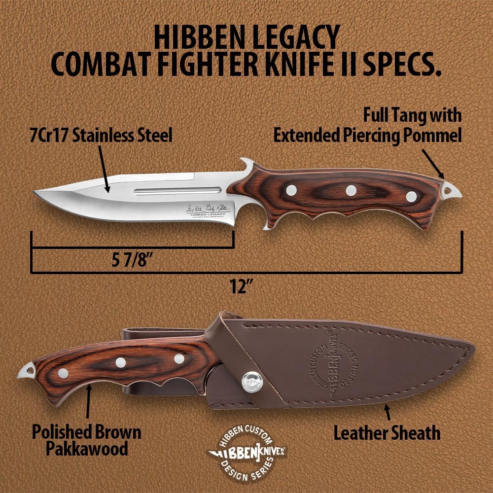 Gil Hibben Legacy Knife II | 7CR17 Stainless Steel Blade | Laser Serialized & Etched | Brown Pakkawood Handle | Full Tang | Genuine Leather Sheath Included | Overall Length 12"
