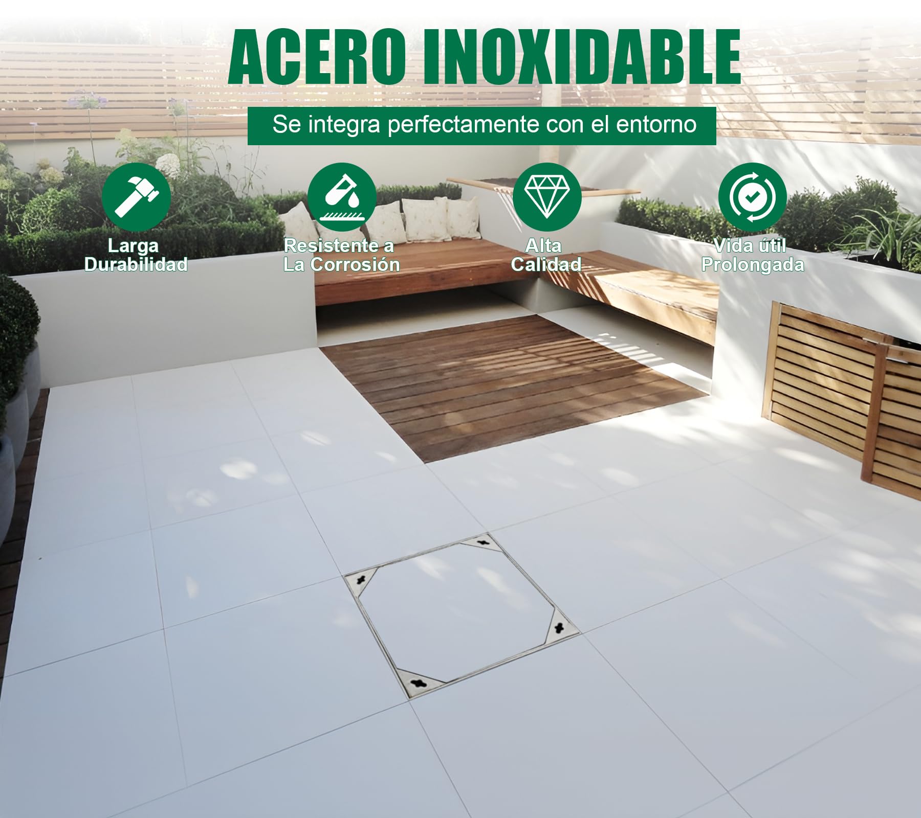 Tapa de alcantarilla 300 x 300 mm, acero inoxidable, empotrada con base cuadrada, tapa de inspección, invisible, para interiores y exteriores