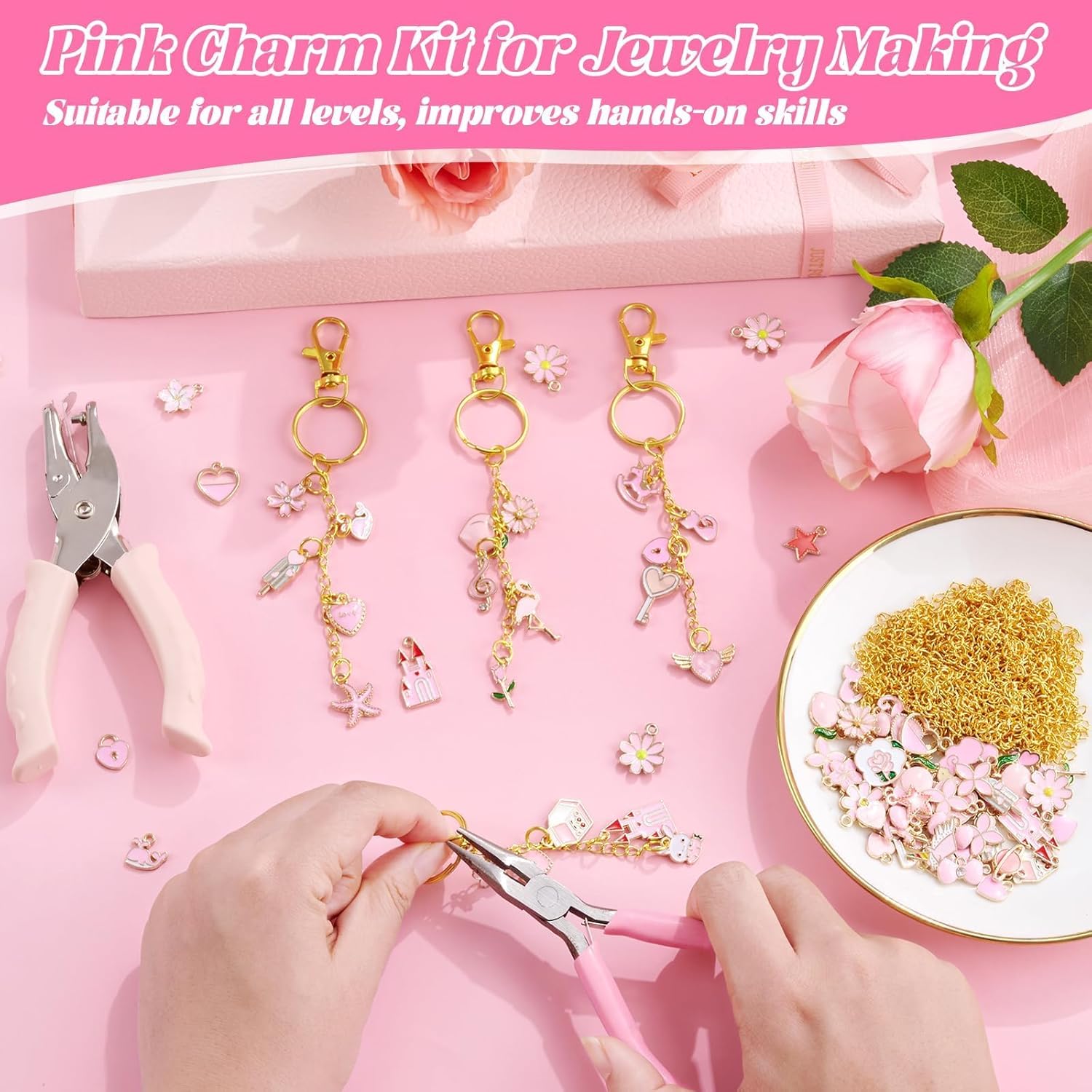 PYURTHITY 254 Pcs Pink Charms Lip Gloss Keychain Making Kit with Enamel Bag Charms, Keychain Hooks, Chains, Jump Rings, Plier, Spring Pink Jewelry Making Kit Supplies for DIY Craft Gifts