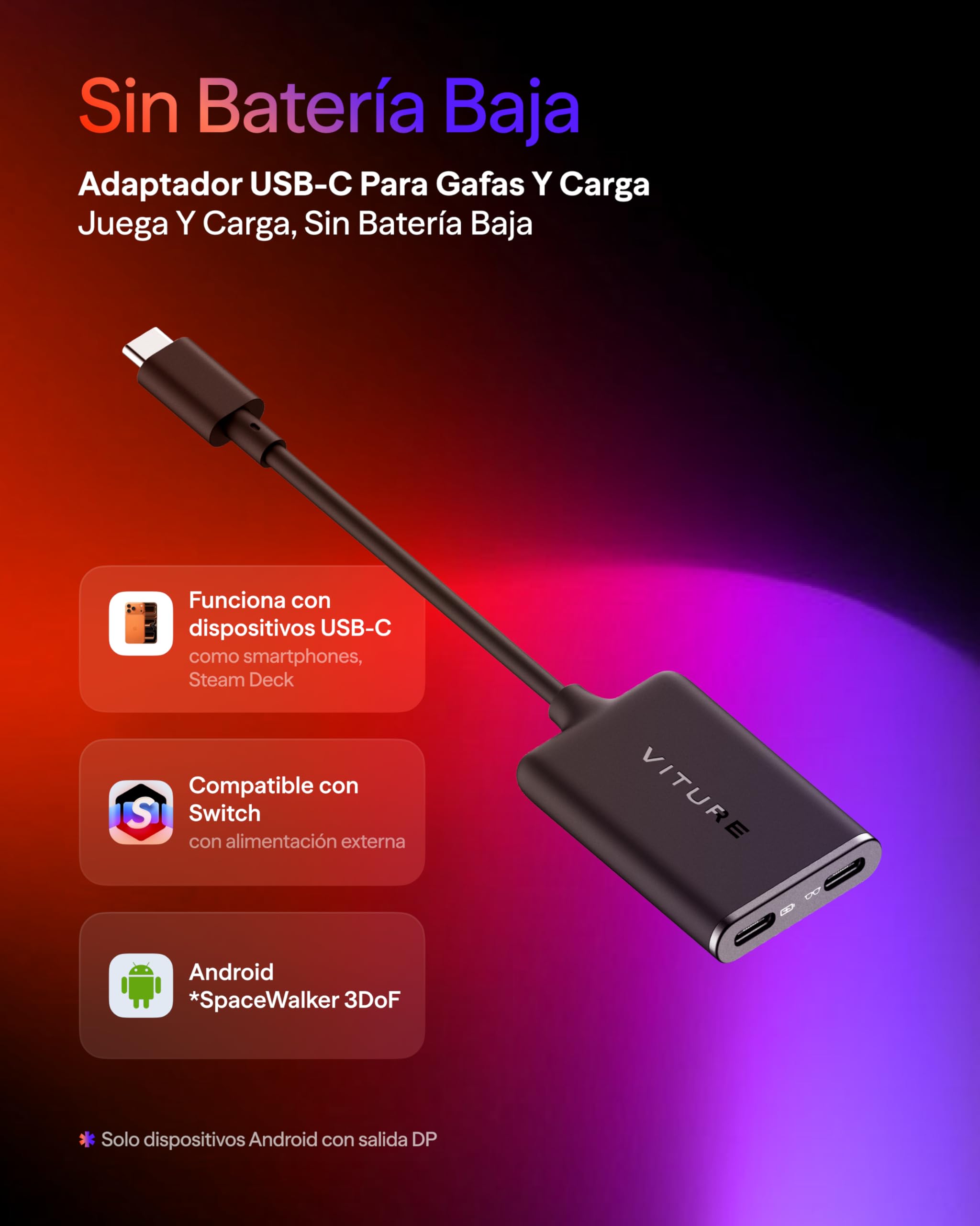 VITURE USB-C a Gafas y Adaptador de Carga, Carga y Juego, Switch, Steam Deck