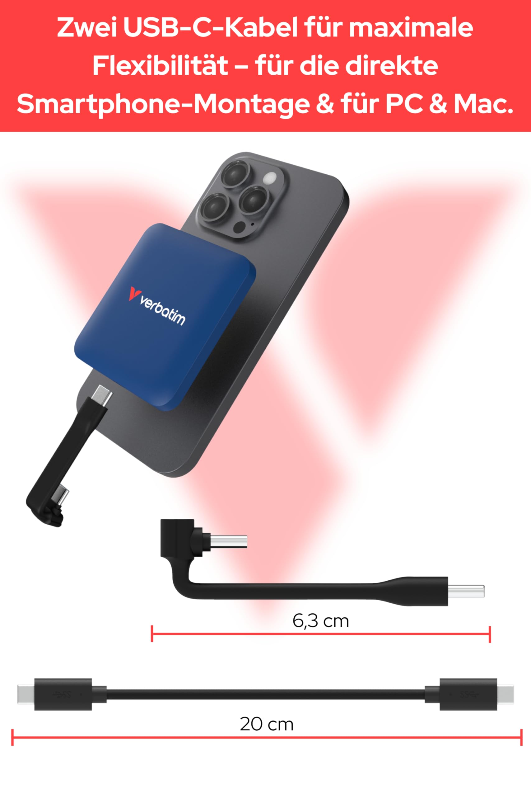 Verbatim Snapback - Disco duro externo SSD (1 TB, USB 3.2 Gen 2 x 2, hasta 2000 MB/s de lectura y 1600 MB/s, disco duro externo portátil con cable USB-C de 20 cm, para iPhone, Android, PC y Mac, color