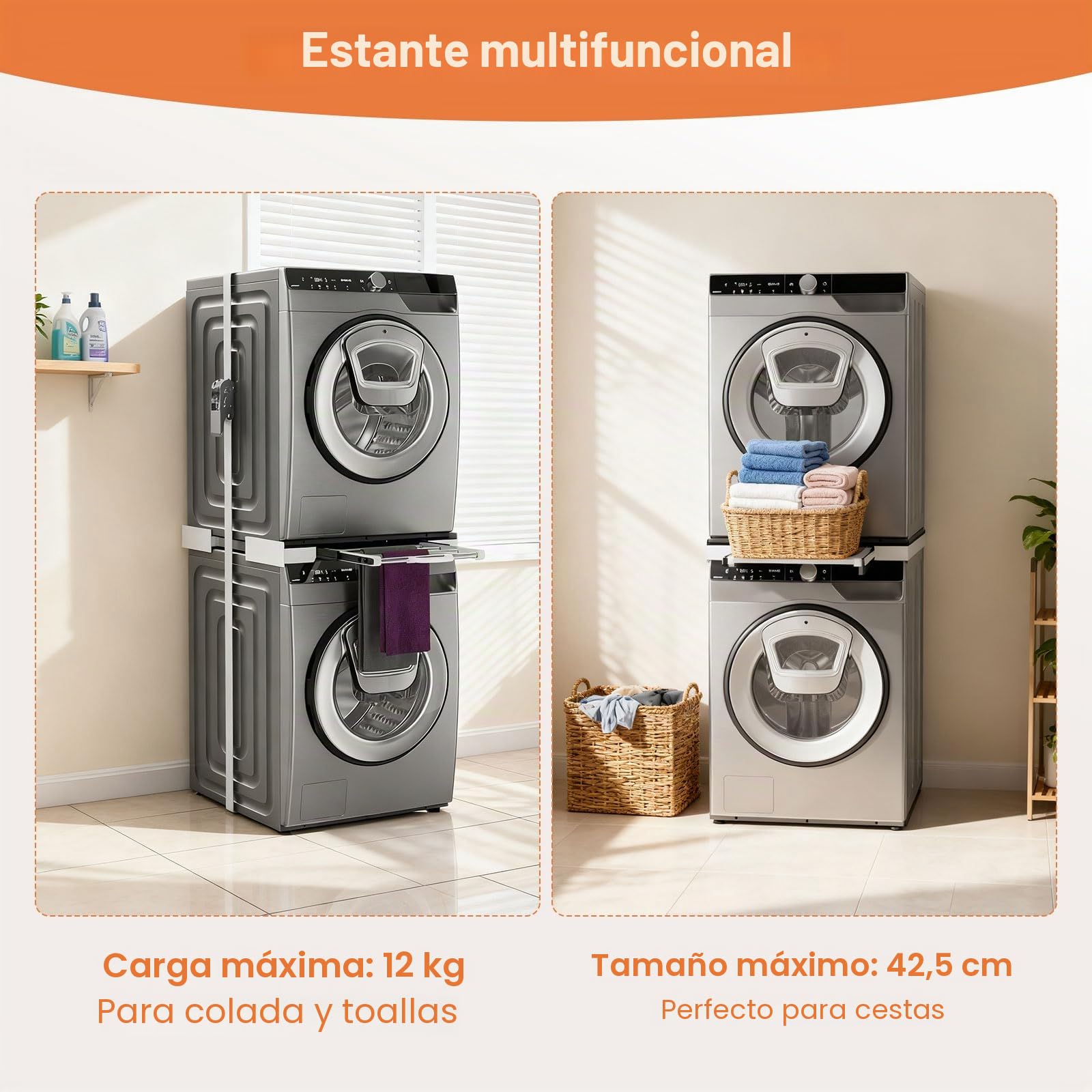 Kit de Unión Universal para Lavadora y Secadora, Marco Intermedio Universal Resistente con estante extraíble, Kit Apilado Universal, Capacidad de Carga de 12kg, Apto para Lavadoras con 46-72 cm