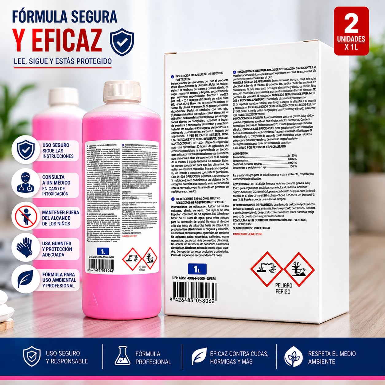 PACK DE 2 UNIDADES CUCAS KILL PLUS Insecticida Fregasuelos, Elimina Hormigas, Cucarachas y Arañas, Efecto Preventivo 15 Días, Aroma Neutro