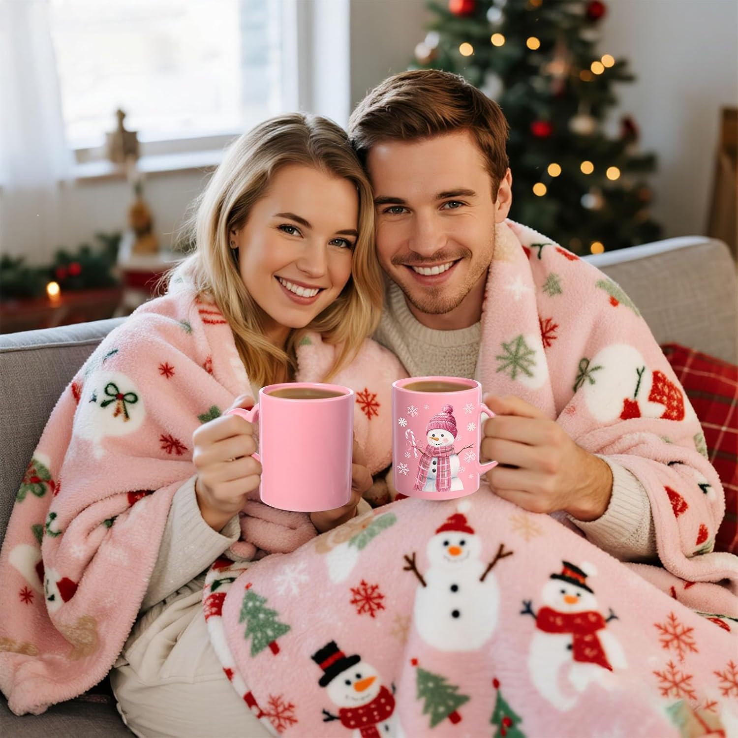 Pickmesh Pink Christmas Mugs Set of 6, 10 Oz Holiday Ceramic Coffee Cups Pastel Christmas Decor Coffee Cups Holiday Xmas Drinkware Housewarming Gifts for Xmas Tea Cocoa Hot Drinks