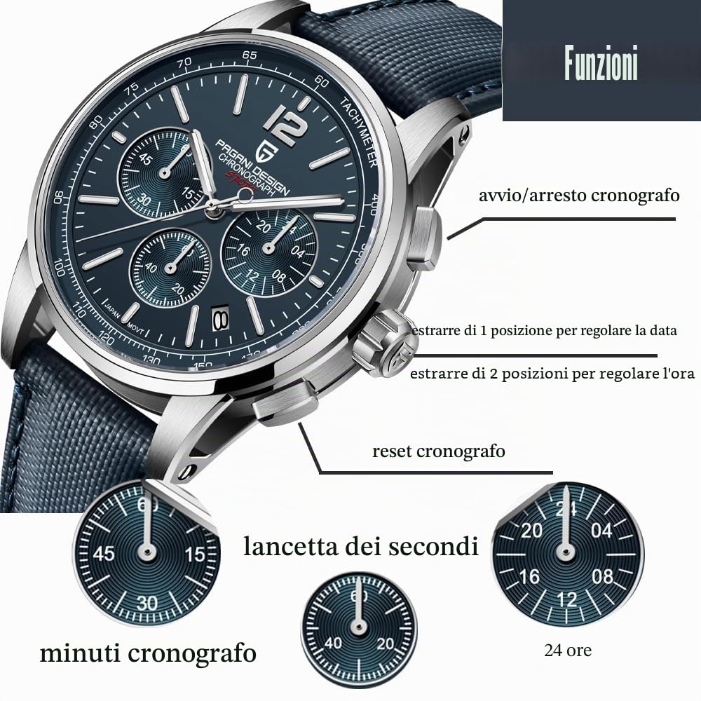 Pagani Design Orologio cronografo al quarzo da uomo 100 metri impermeabile in acciaio inox 40 mm quadrante Diametro vetro zaffiro
