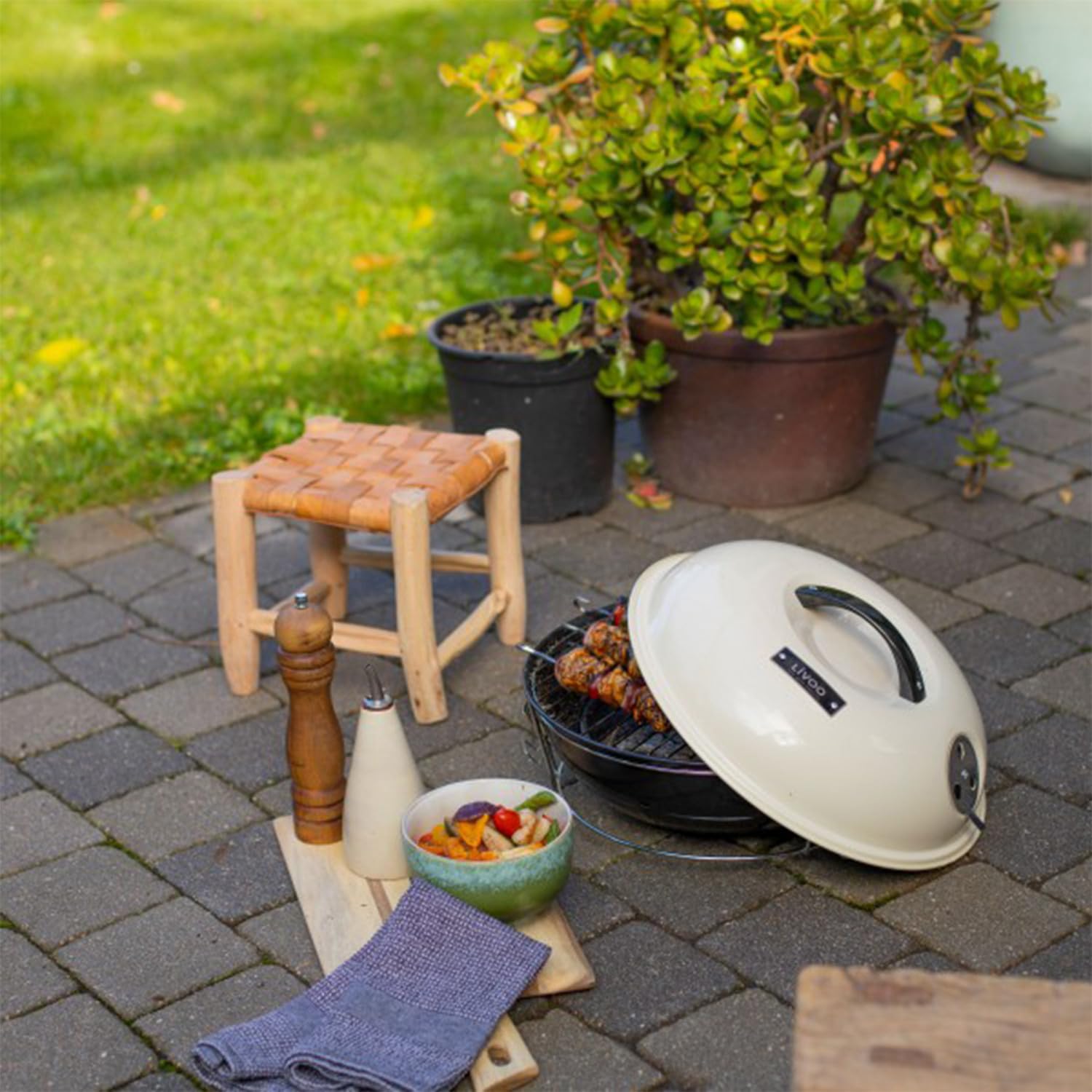 Barbecue à Charbon Portable Livoo DOC301 - ø34 cm, Grille Cuisson chromée - Revêtement en acier émaillé, avec clapet d'aération