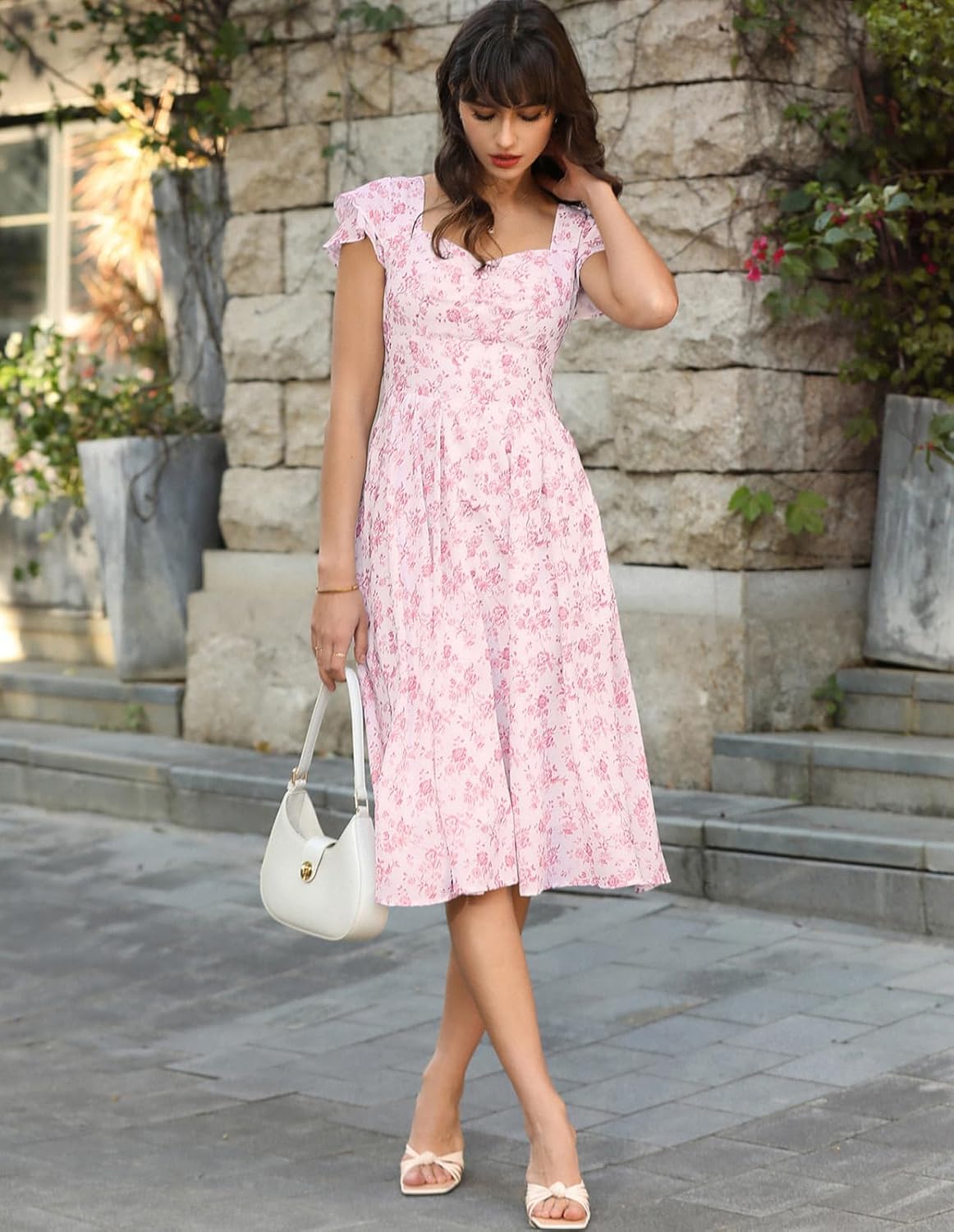 Belle Poque Women's Sweatheart Neck Ruffle Cap Sleeve Floral Dress 2026 Summer Ruched Midi Elegant Cocktail Party Dress - Image 3