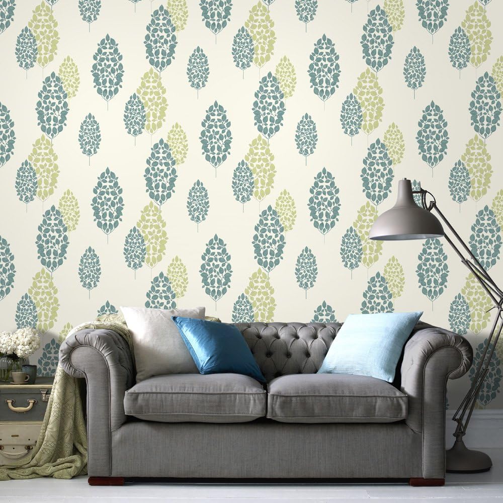 Superfresco Lucy Tree Motif Metallic Glitter Light Green/Teal Wallpaper