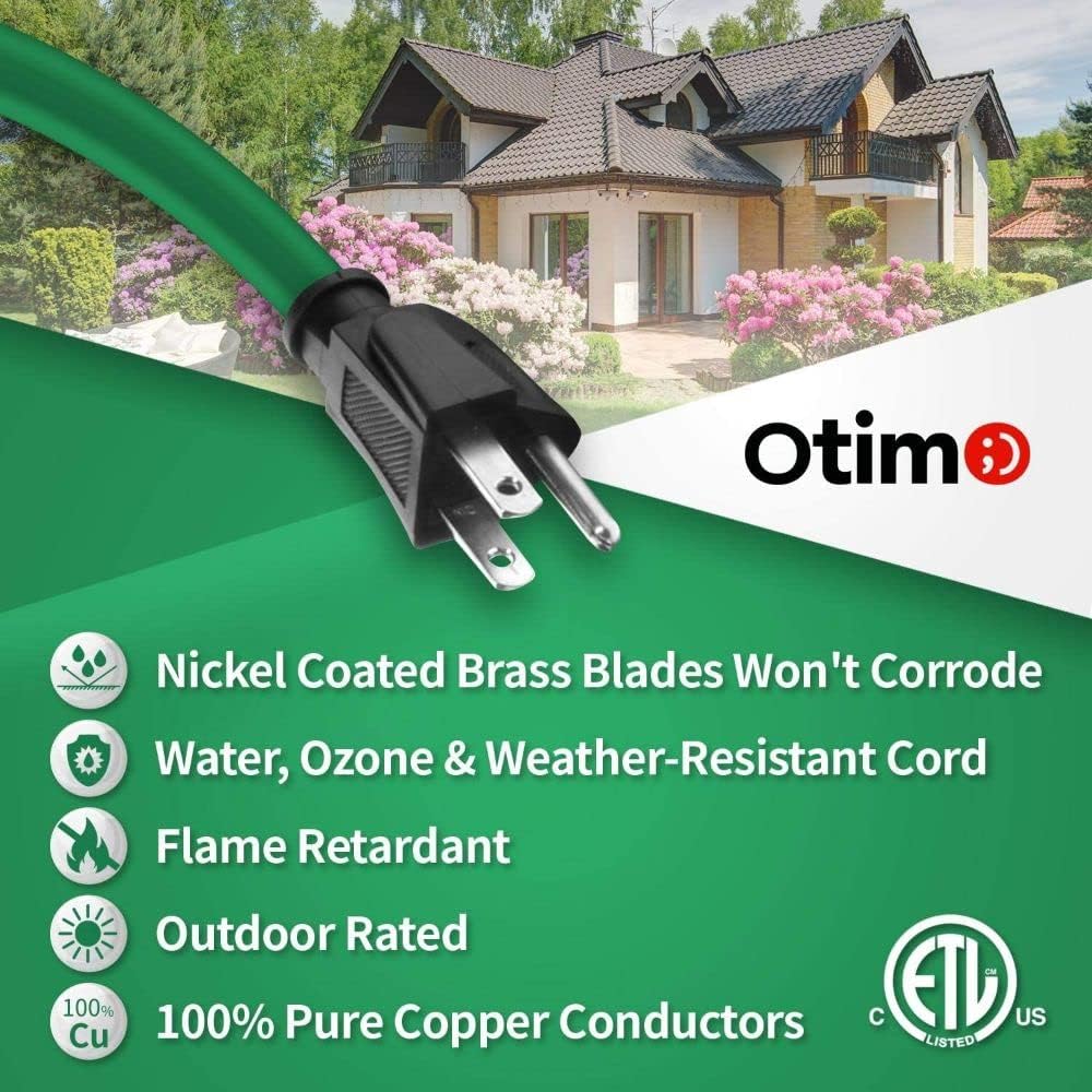 Otimo 100 Ft 16/3 SJTW Green, 6-Pack Outdoor Extension Cord - 3 Prong Ground Plug, 10A 1250W, Water & Weather Resistant, Flame Retardant