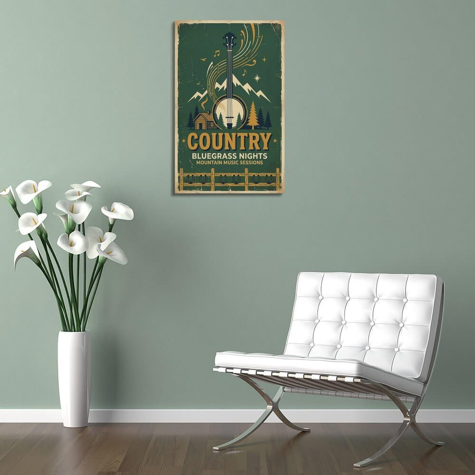 XKUGA Poster con stampa su tela, stile retrò con capanna di tronchi bluegrass, musica country, moderna, decorativa, decorazione artistica da parete per famiglia, grotta degli uomini, sala giochi