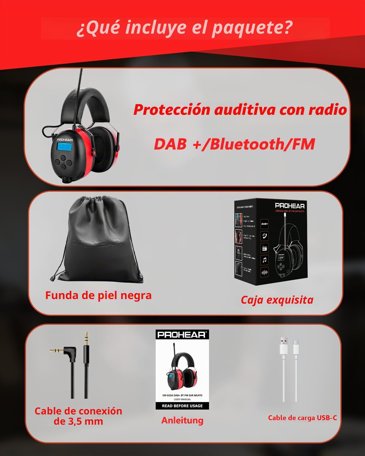 PROHEAR 033A Cascos Antiruido Bluetooth, Protección Auditiva con Radio FM/AM y Micrófono Integrado,USB-C Recargable Orejera,Cascos Insonorizacion para Césped Talleres Carpinteros,SNR 31dB-Rojo