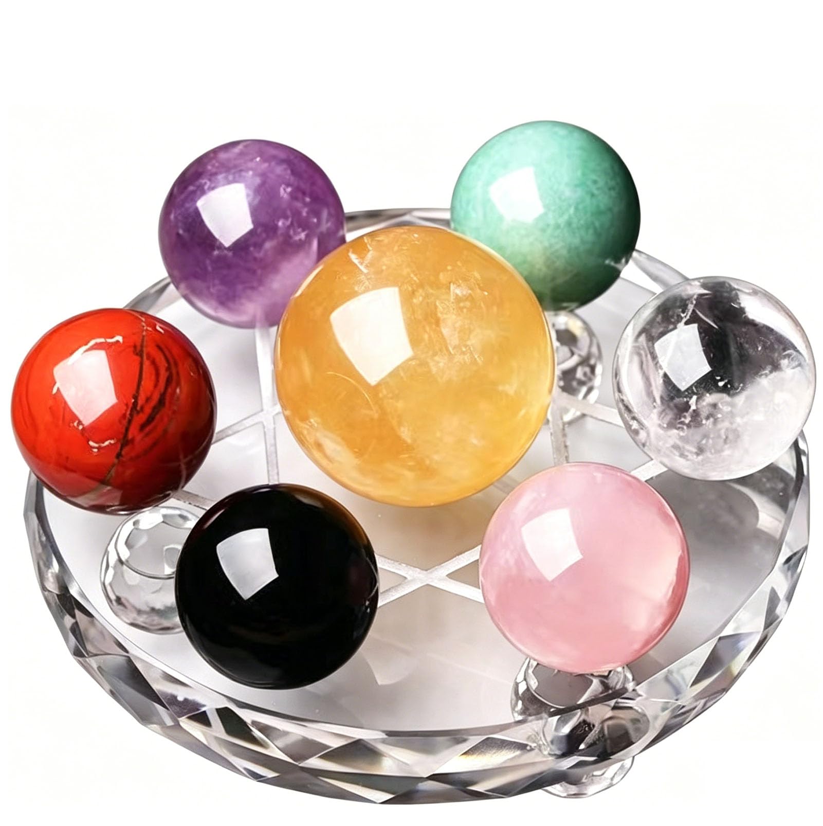 Figurina di Gruppo di Chakra a Sette Stelle, Statua di Sfere di Cristallo di Quarzo Reiki con Supporto in Cristallo di Vetro Trasparente per la Decorazione Domestica,4.72IN