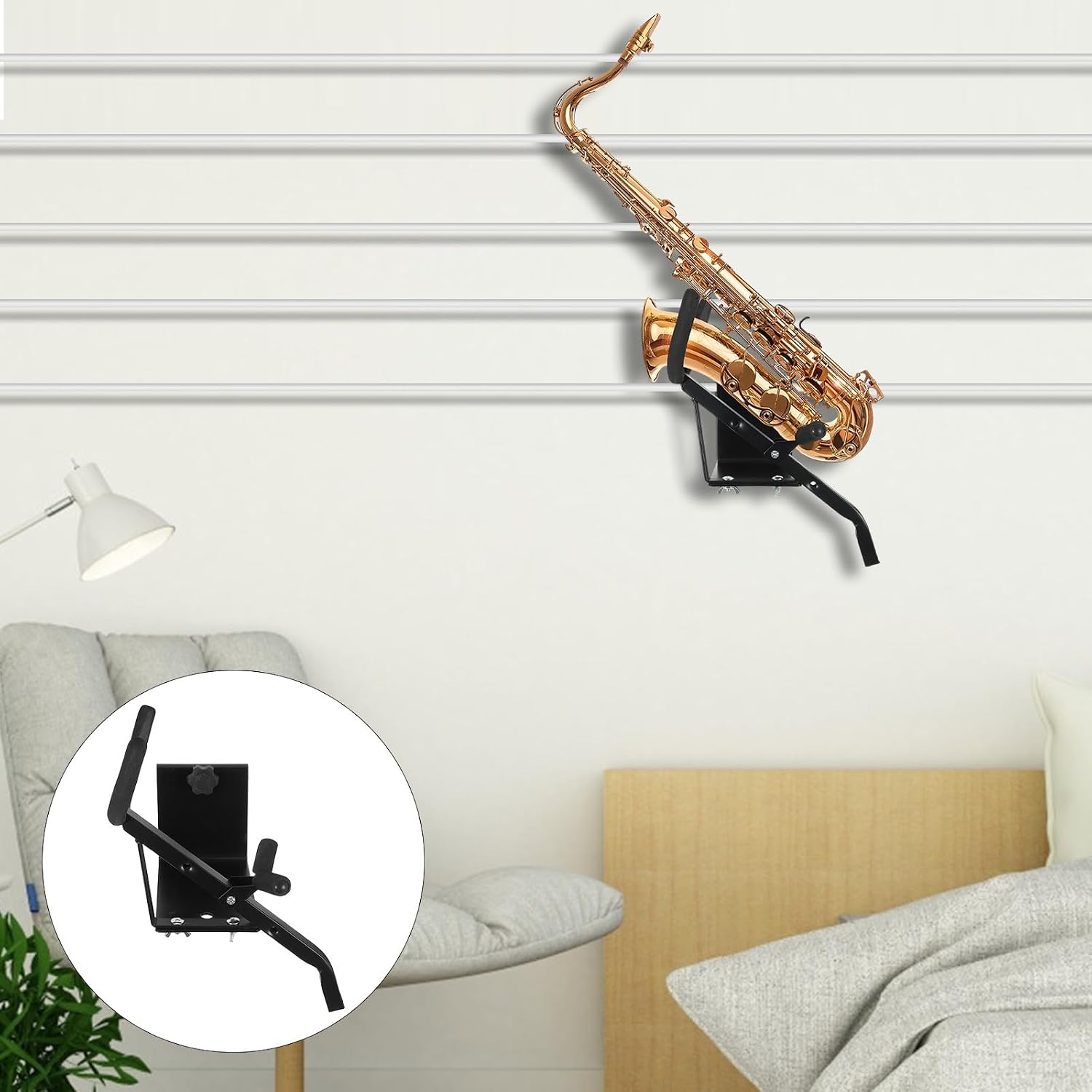 SECFOU Wall Mount Saxophone Holder Metal Alto and Tenor Saxophone Hanger with Hook for Home Display and Instrument Accessories