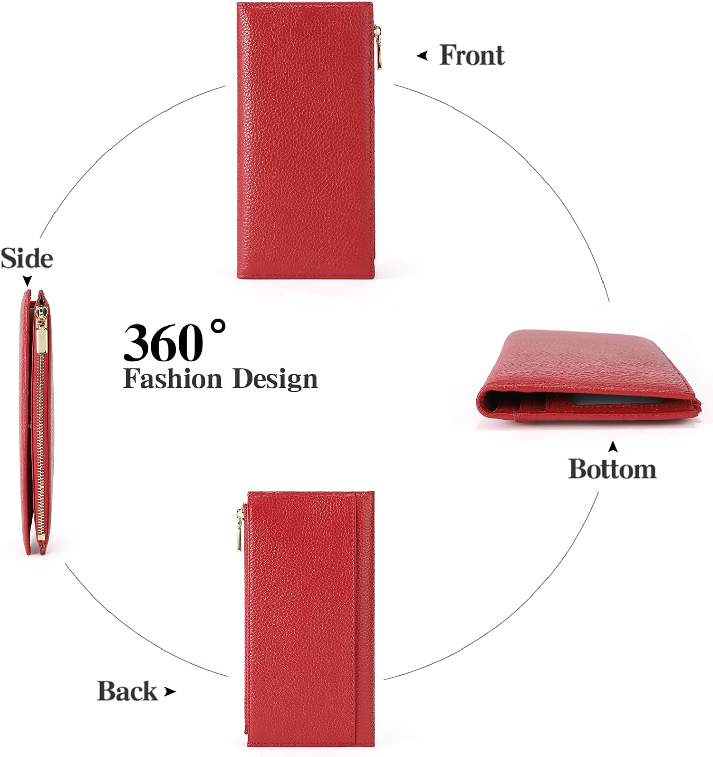 GOIACII Slim Wallet for Women Rfid Blocking Credit Card Holder with Zip Pocket Bifold Vegan Pebble Leather Red - Image 7