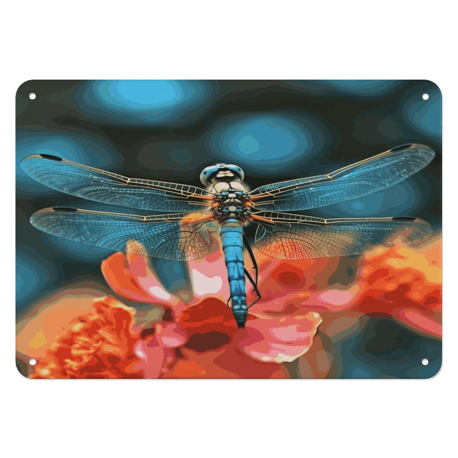 Fodpand Style Dragonfly On The Flower Retro Vintage Metal Tin Sign,Wall Art Decor Garden Plaque Poster For Bedrooms Yard Bars Pubs Patios Porches 7.9X5.5 Inch