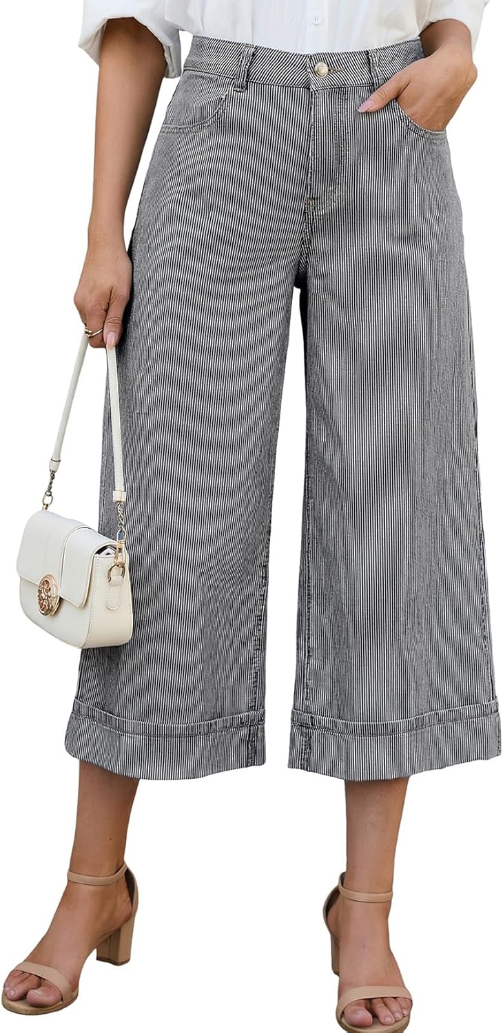 Dokotoo Jeans for Women Trendy Wide Leg High Waisted Stretchy Cropped 8 Points Striped Denim Jean Pants