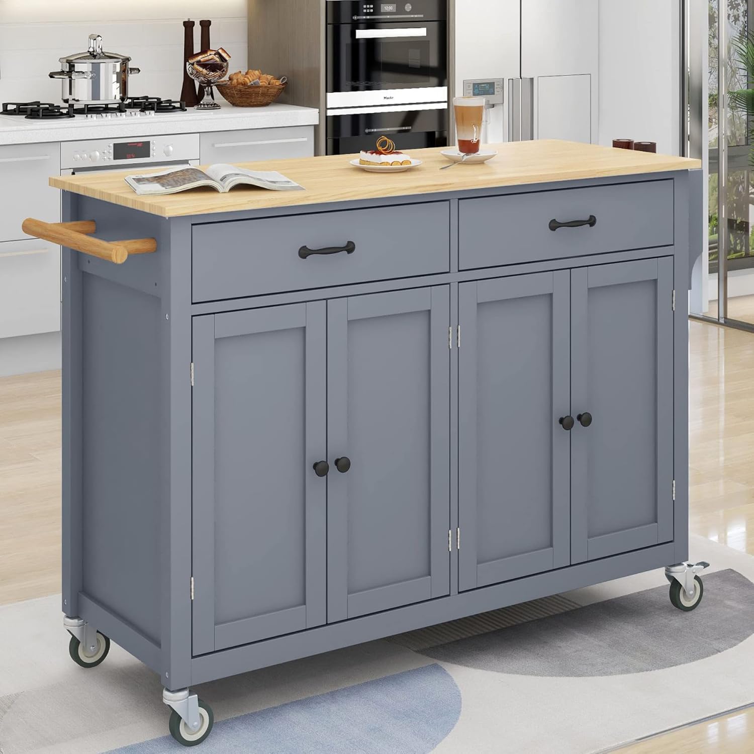 P PURLOVE Wood Kitchen Island Cart with Locking Wheels,Rolling Utility Cart with 2 Drawer and 4 Door Cabinet Storage Shelf Spice Rack and Towel Rack