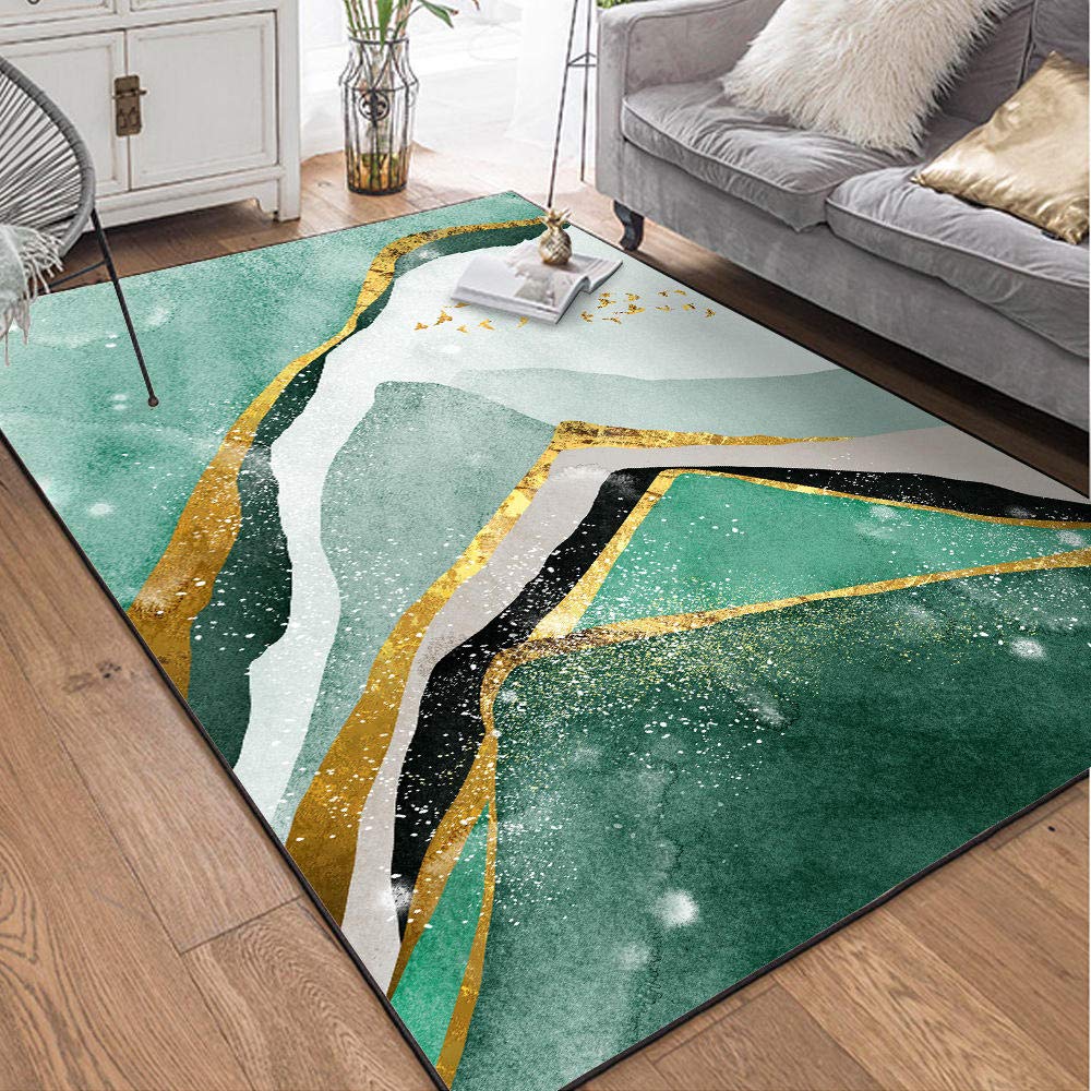 Modern antislip tapijt woonkamer groot tapijt binnen en buiten laagpolig tapijt smaragdgroen goud geometrische driehoek voor huis entree hal eettafel 160 x 200 cm