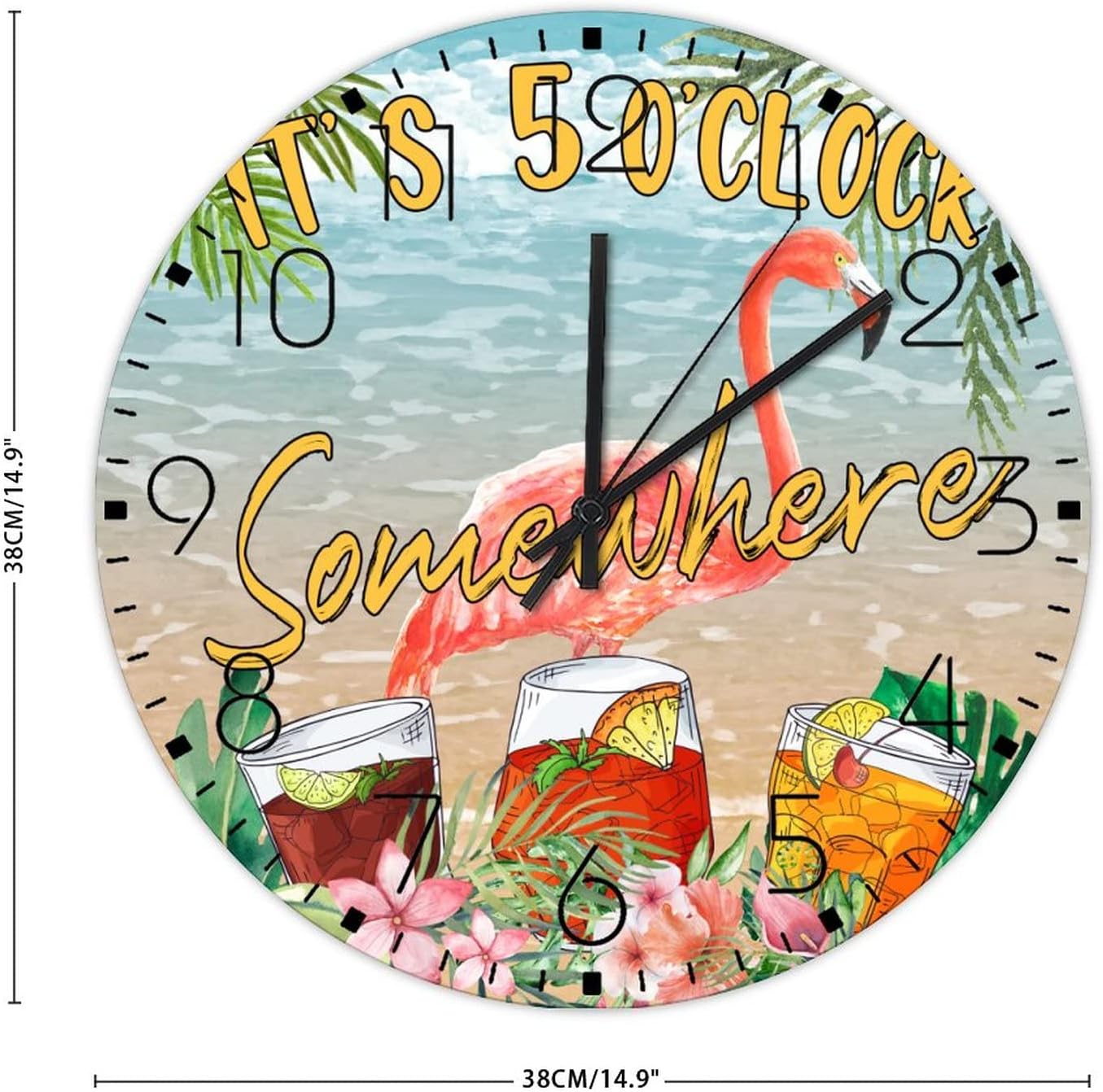 Minimalist Wood Clock Battery Operated Non Ticking Analog It's Five O'clock Somewhere Decorative Wall Clocks Beer Bar Club Glass Flamingo Home Decor for Study Room Classroom Dining Room 15 Inch