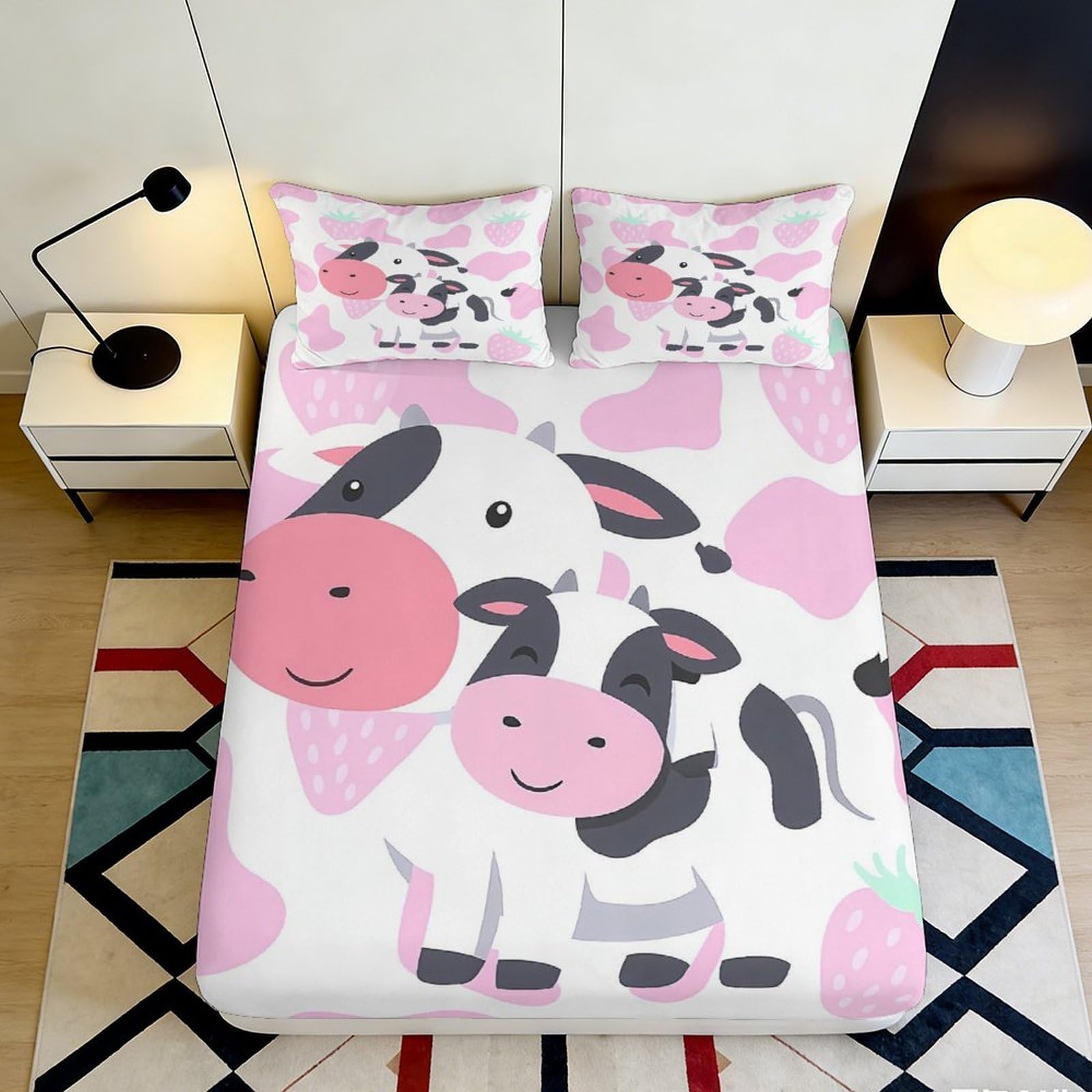 3D Printed Cute Cow Strawberry Fitted Sheet Microfiber Soft Anti-Slip Bed Cover for Bedroom Dorm Guest Room Decor 115 120x200x25cm