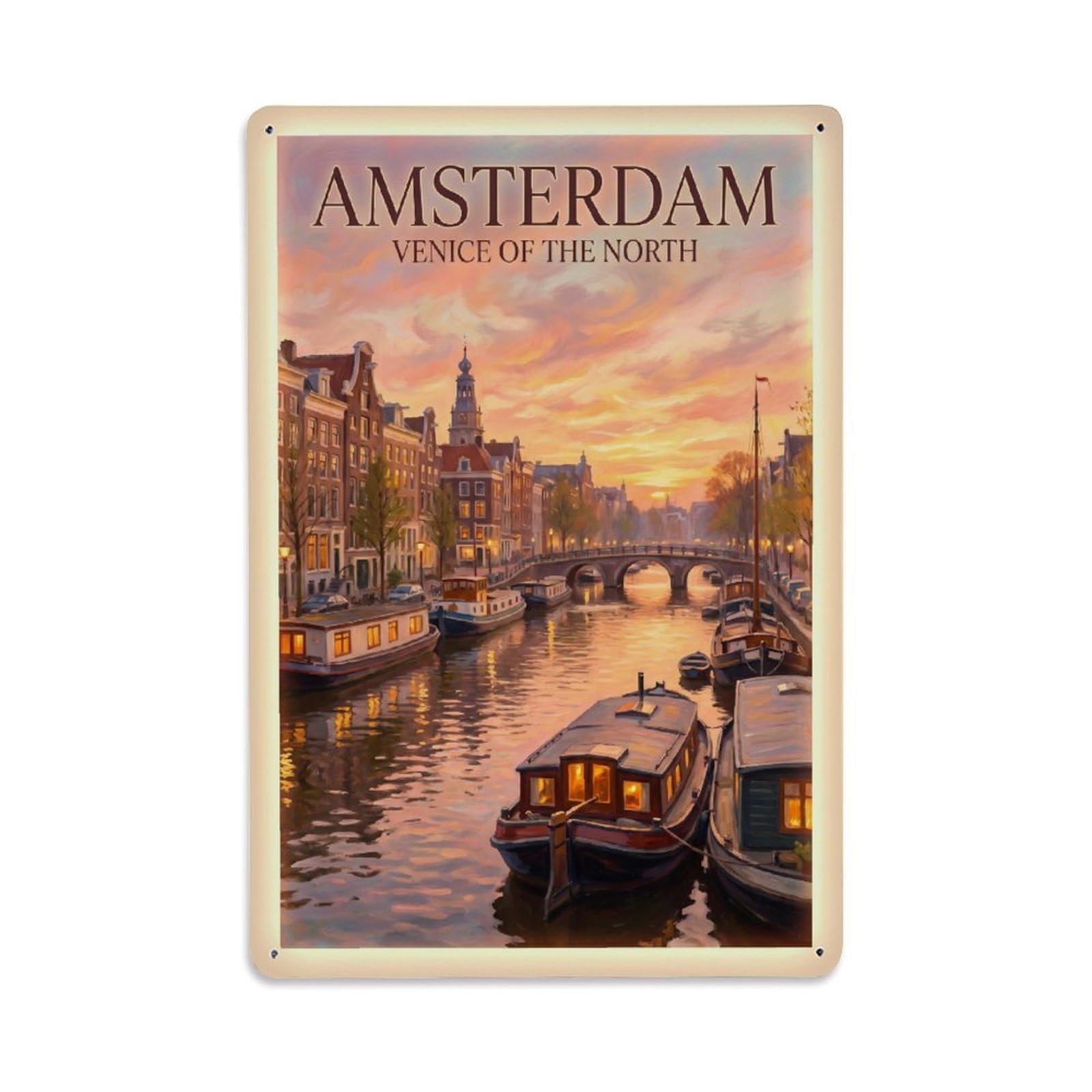 Este 8X12inch Style Vintage Travel Amsterdam Netherlands Glowing Metal Tin Sign