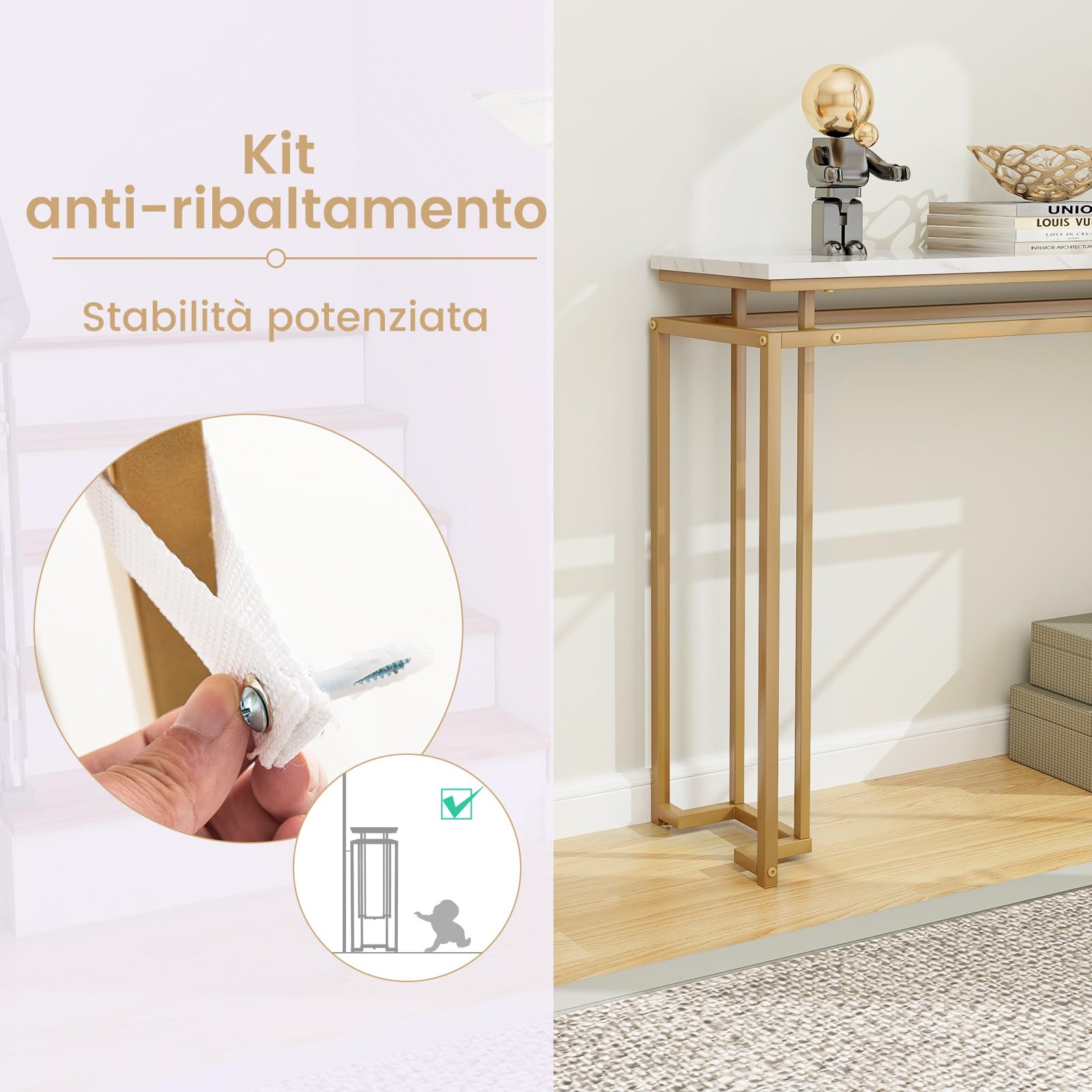 COSTWAY Tavolo Consolle 120 cm con Piano Effetto Marmo (Bianco e Oro)