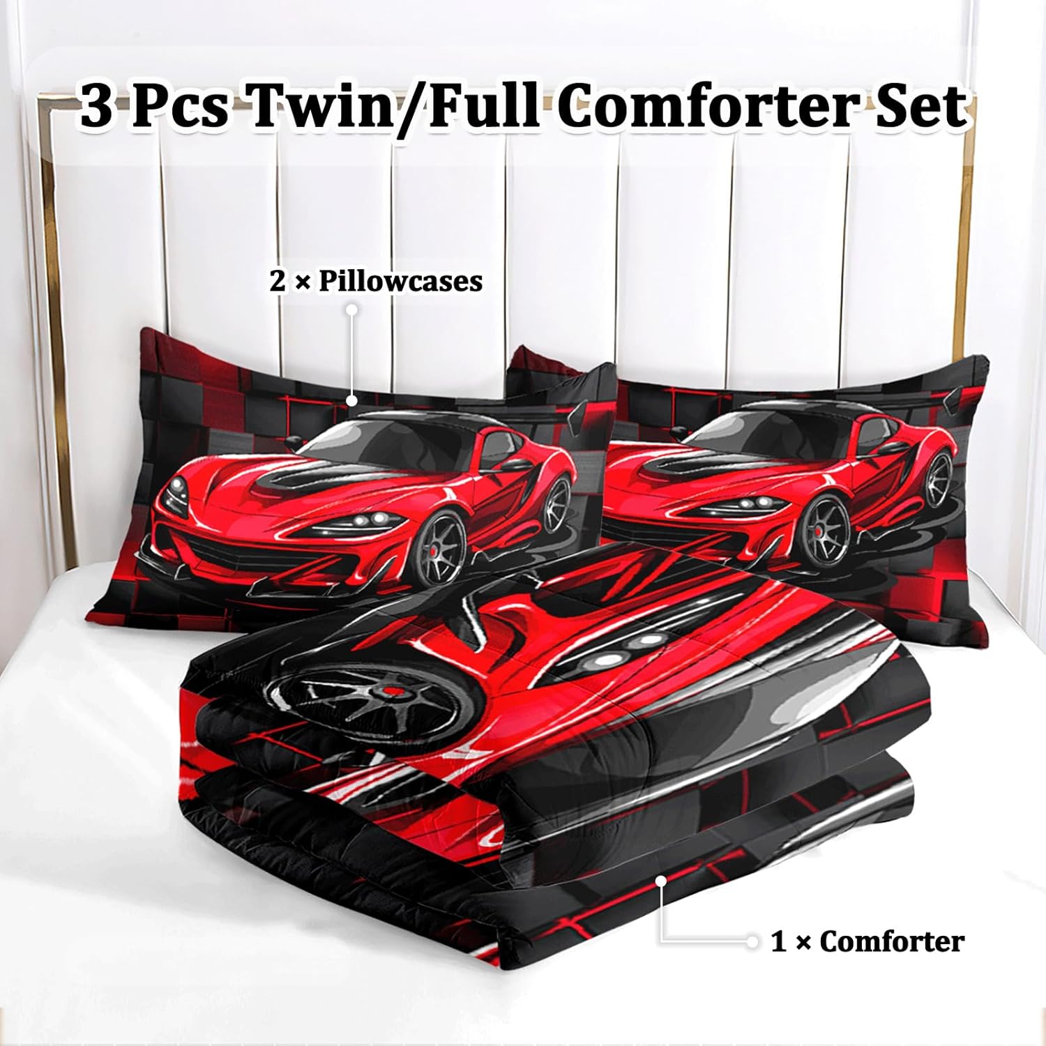 Race Car Full Boy Bedding Set, Red Sports Car Comforter Set for Boys, 3 Pcs Cool Full Bedding Set for Boys - Image 2