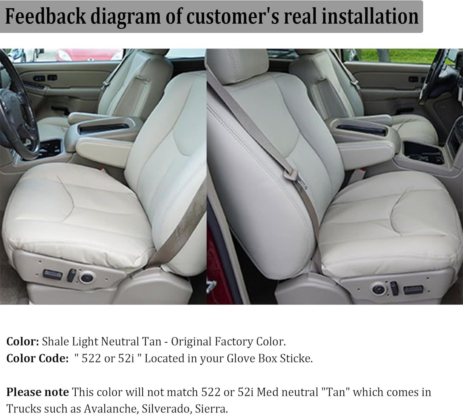 GXARTS Driver and Passenger Side Bottom Lower Replacement Leather Seat Cover Shale Light Tan #522 or 52i Compatible with Chevy Tahoe Suburban 1500 2500 2003 GMC Yukon XL 2004 2005 2006