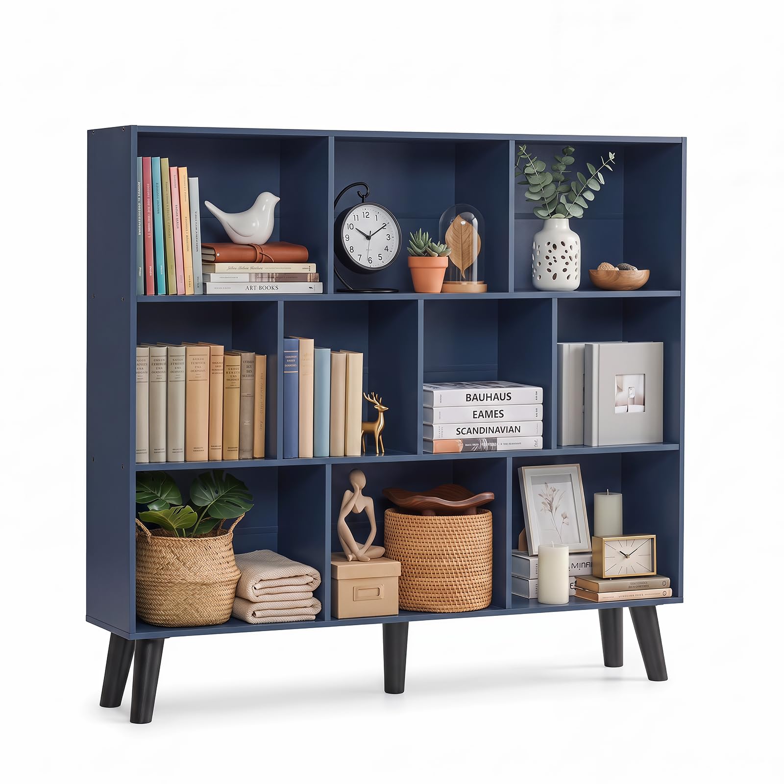 YAHARBO 10 Cube Bookshelf,3 Tier Bookcase with Legs,Dark Blue Mid-Century Modern Bookshelves,Large Free Standing Open Storage Organizer Shelf,Tall Wooden Book Case Furniture for Bedroom,Living Room