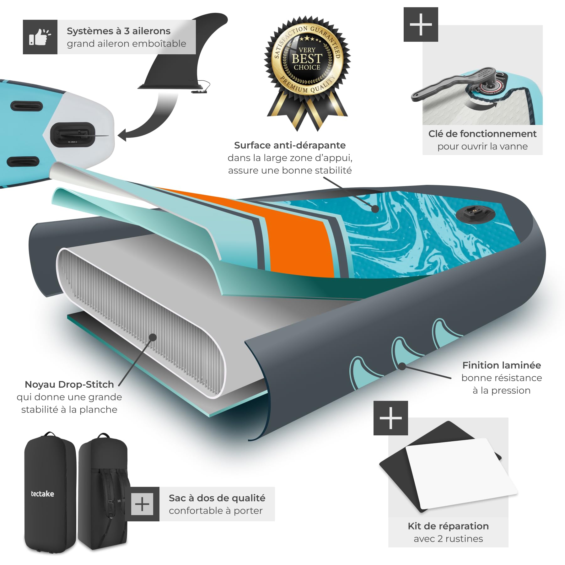 tectake® Stand-up Paddle Gonflable, Siège de Kayak, Support caméra, 288cm | Stable et léger, Surface antidérapante, Kit complet avec Pagaie double réglable et Sac à dos, Matériau Drop-Stitch, Max 200Kg