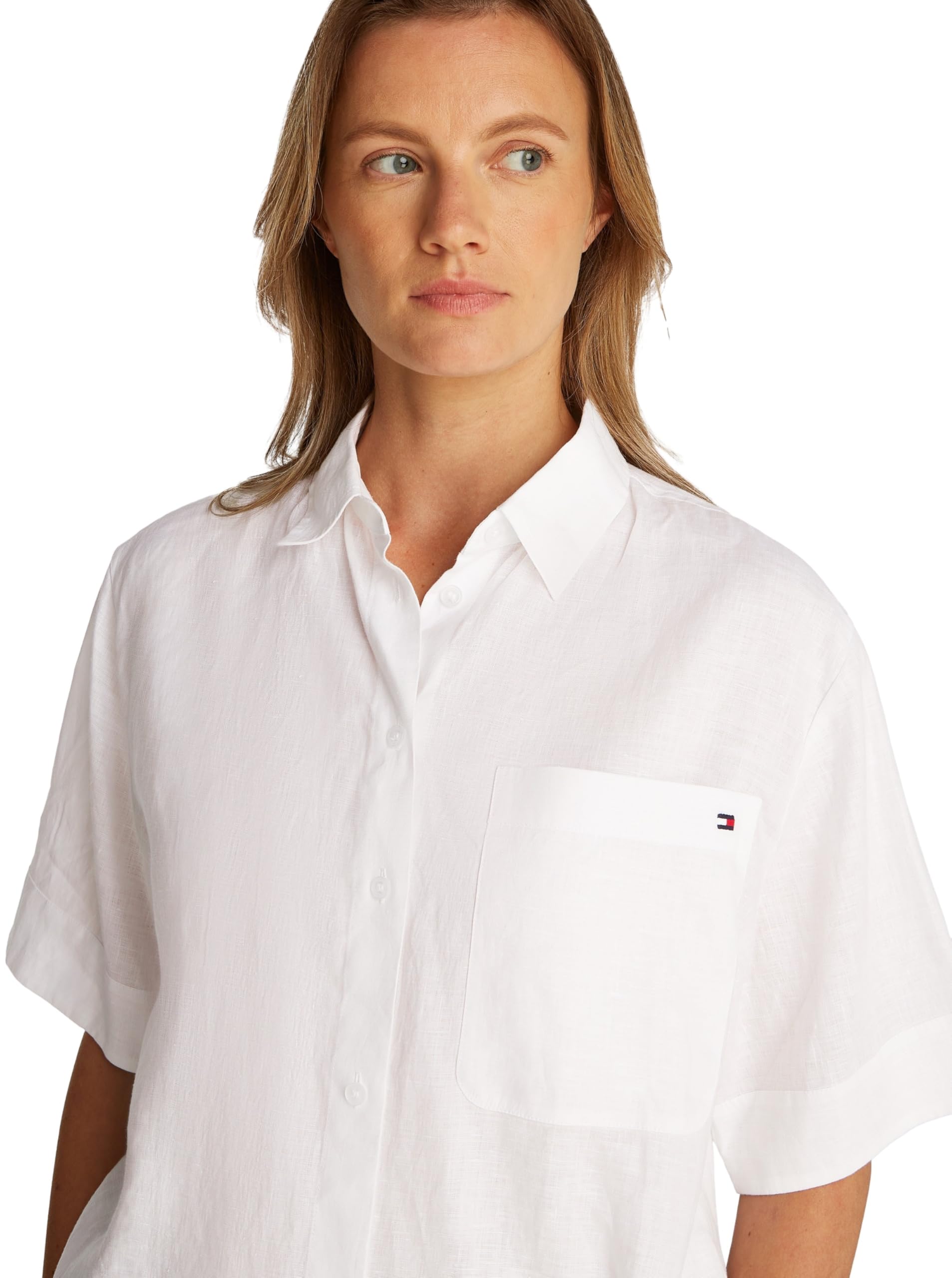 TOMMY HILFIGER Damska koszulka ESS Linen Relaxed S/S WW0WWW44720, biały (Th Optic White), 32