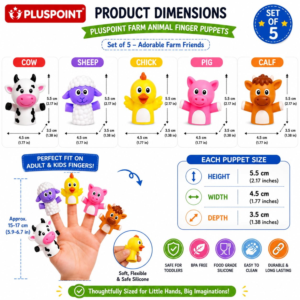 PLUSPOINT Farm Animal Finger Puppets Set of 5 for Kids β Soft Rubber Finger Puppet Toys for Storytelling, Pretend Play, Educational Learning, Party Favors, Goodie Bag Fillers & Birthday Gifts 3