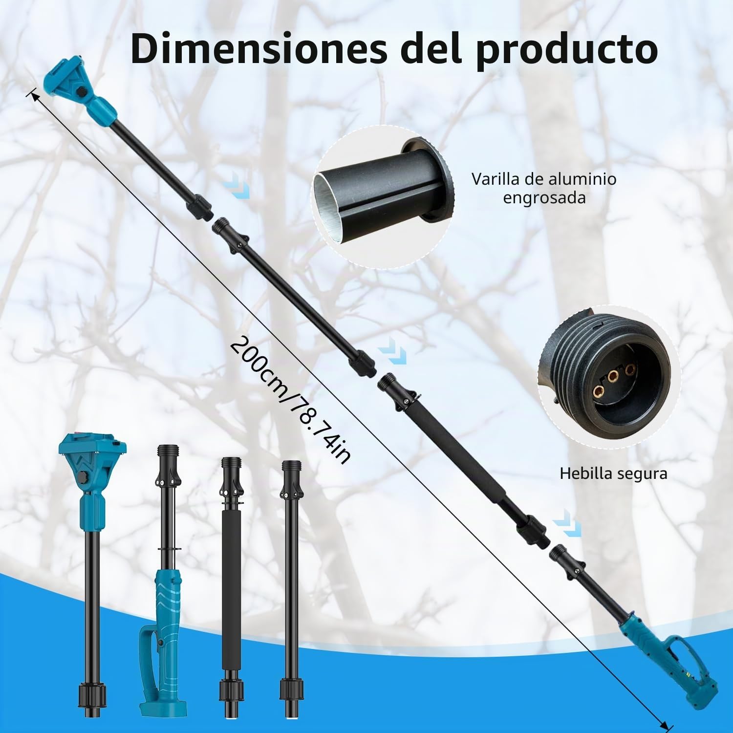 Barra telescópica de 2 m para podadora y tijeras de jardín, rotación de 180°, barra de extensión de aleación de aluminio con bolso, barra de extensión para batería Makita de 18 V (sin batería)