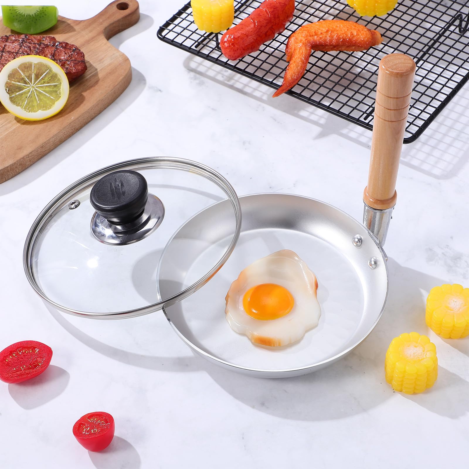 NUOBESTY Padella Tamagoyaki Giapponese Argento in Acciaio Inossidabile | Manico Verticale in Legno, Formato Compatto, per Piano a Gas, Uso Casa e Cucina Professionale
