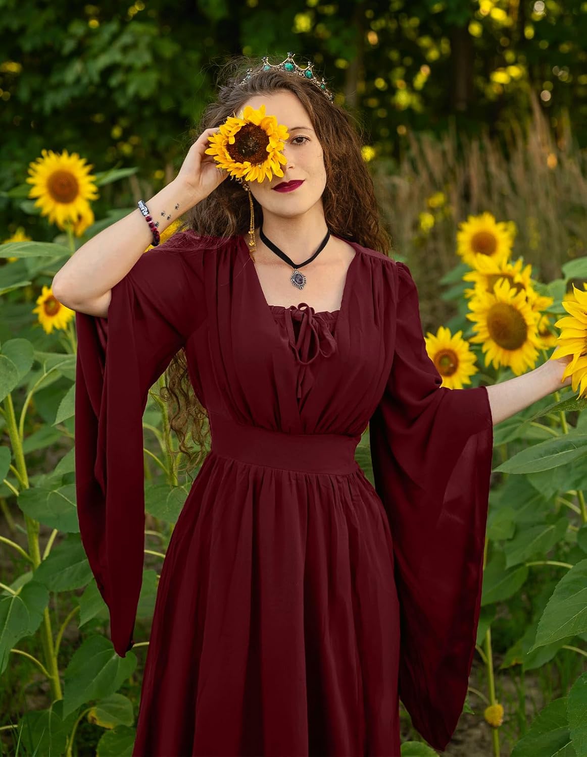 SCARLET DARKNESS Renaissance Dress Women Bell Sleeve Fairy Dresses Witch Costume Split Maxi Dress with Pockets - Image 2