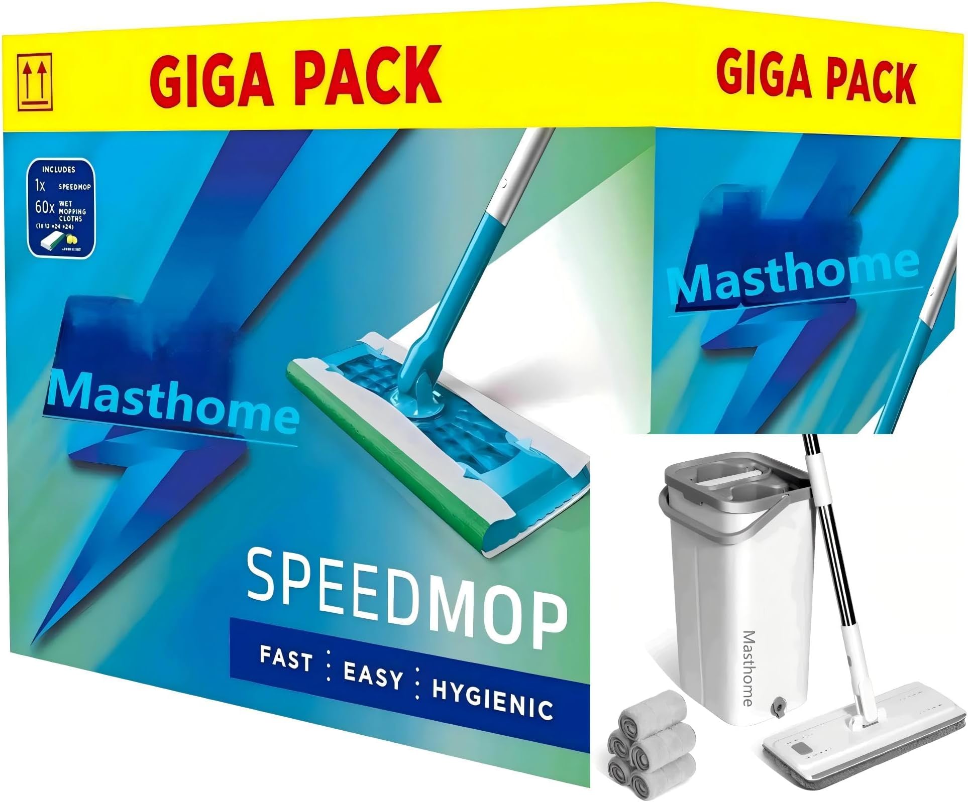 Masthome Mop and Bucket Wringer, Flat Microfibre Mop with Stainless Steel Handle and 10 Reusable Mops for Wood, Laminate, Tiles and Marble Floors