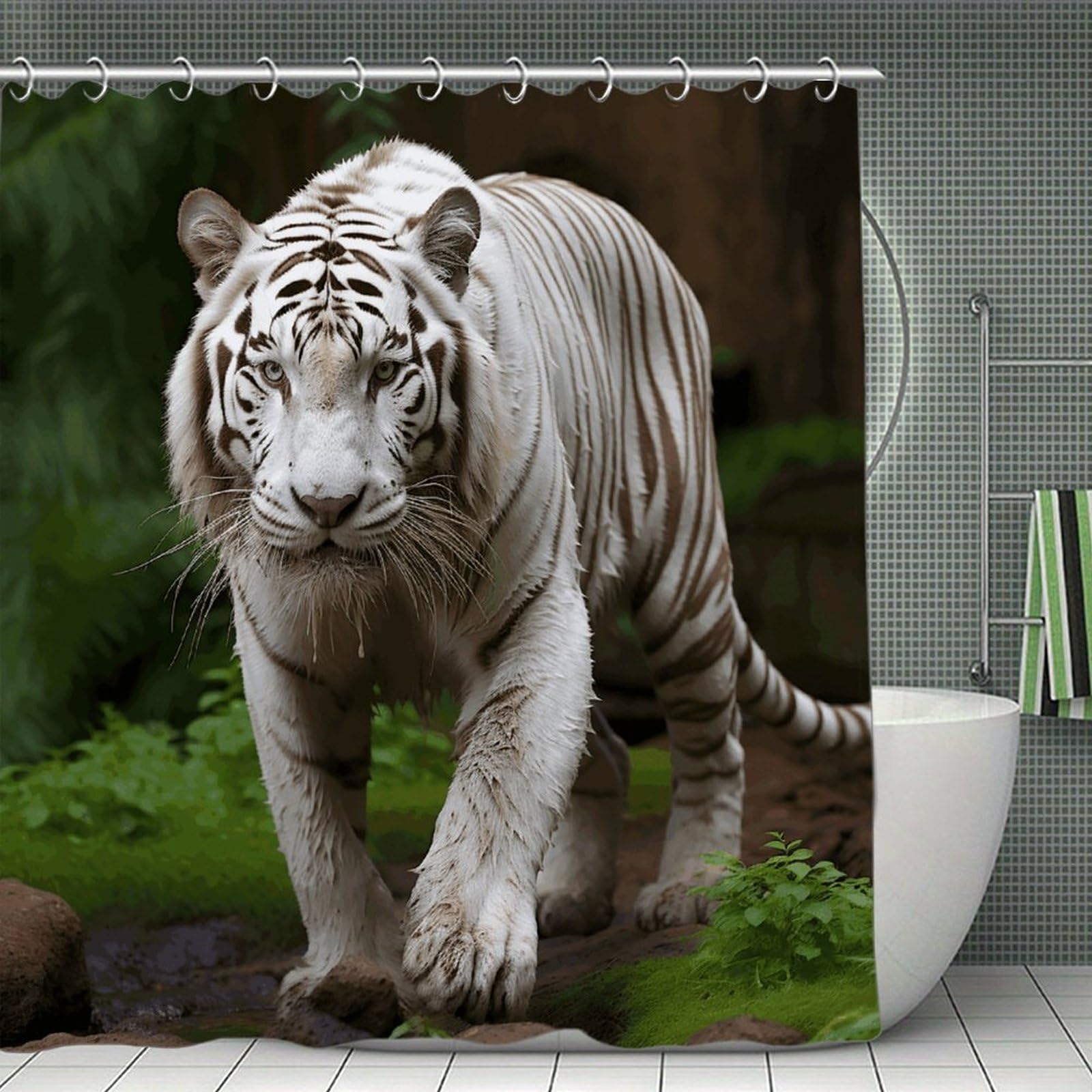 VstaDank Majestic White Bengal Tiger Shower Curtain Waterproof Bathroom Curtain with Hooks Luxury Weighted Bath Curtains for Bathtubs Showers Room Dividers Decorative Shower Curtains 71x71 in