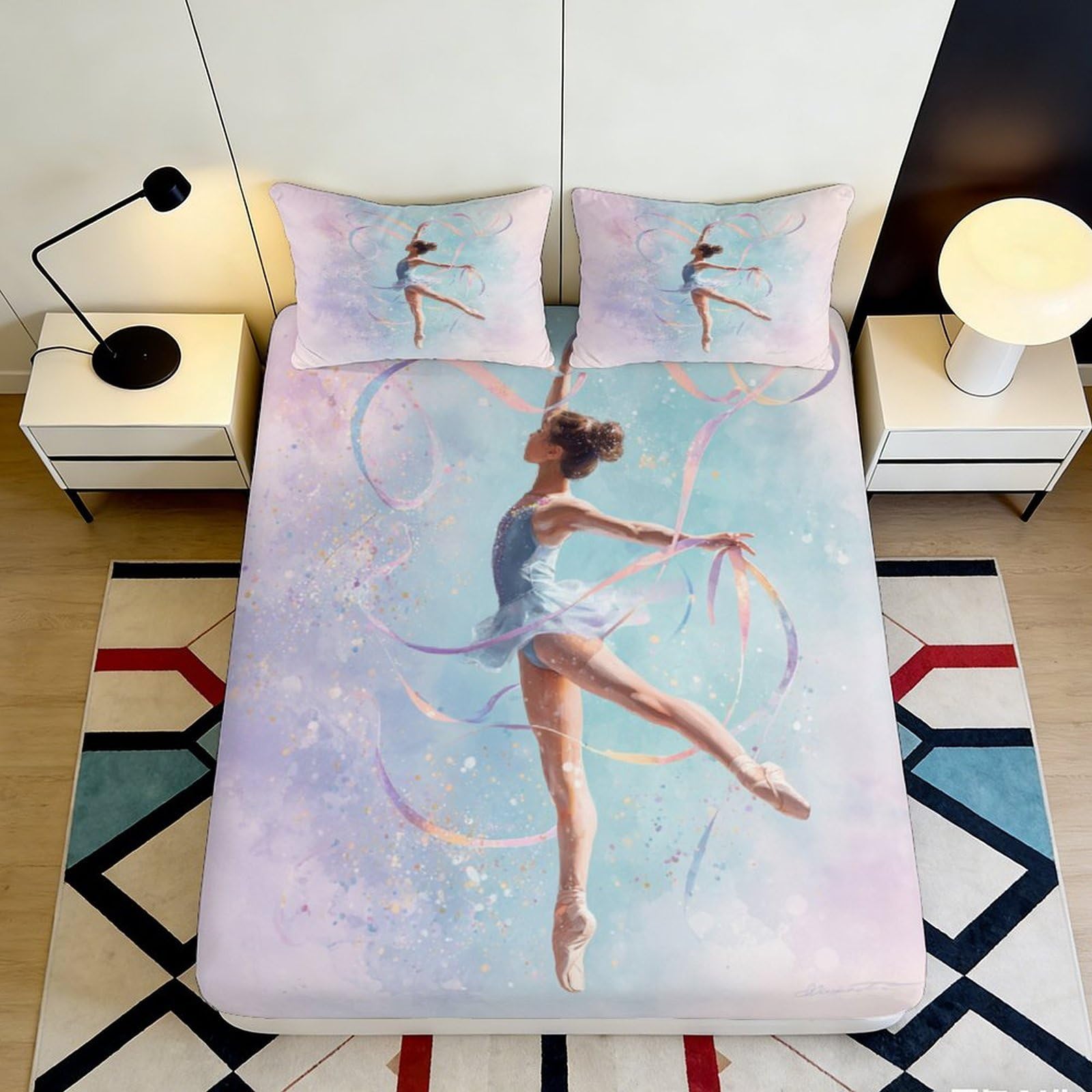 Pnayamiorkfel Style-7 3D Printed Ballet Dancer Fitted Sheet Microfiber Soft Pastel Ribbon Mattress Cover For Bedroom Guestroom Decor 90X200x25cm
