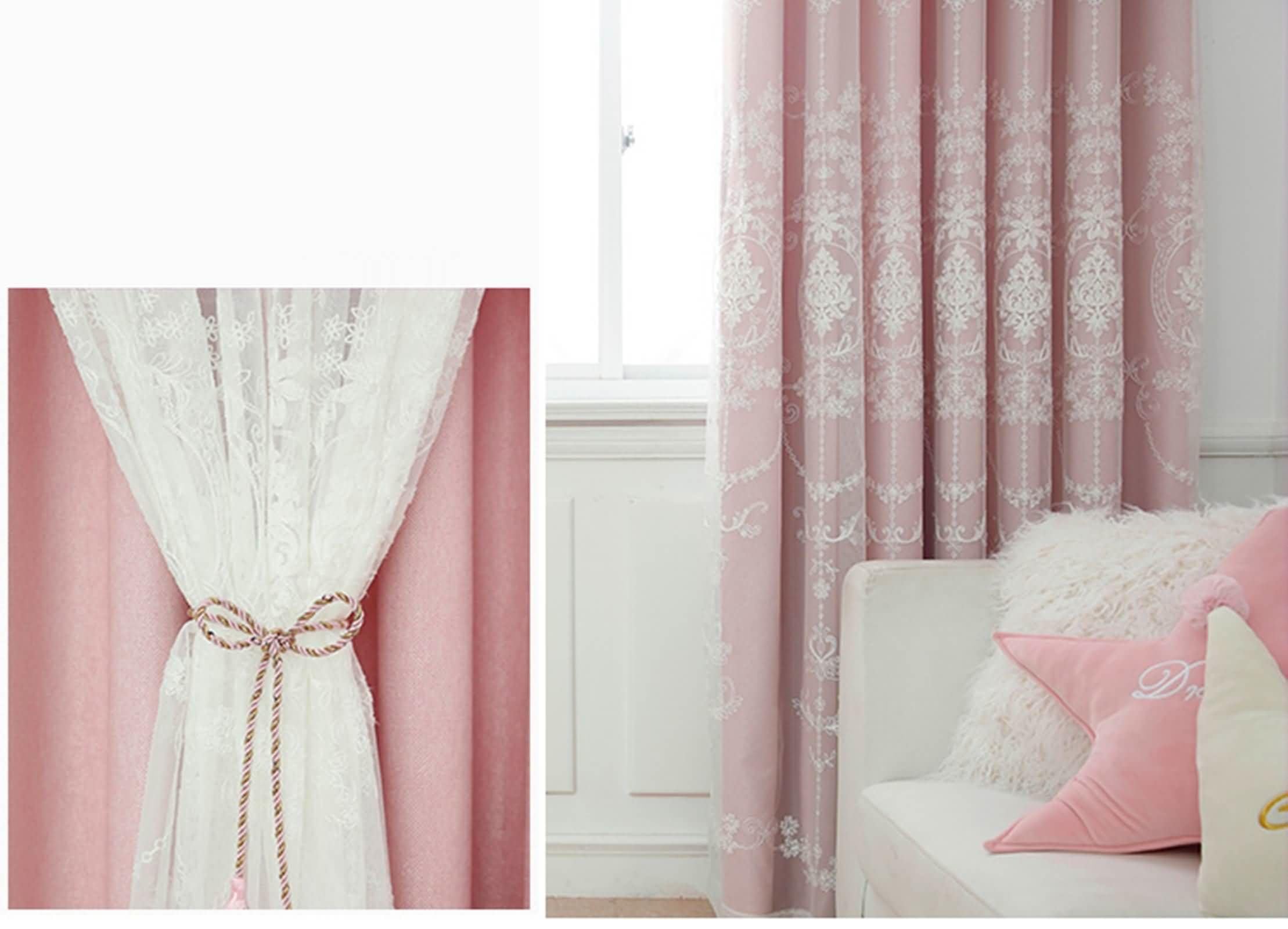 Tende Occultanti 2 Pezzi,2 x 250W x 270H CM,Tende per Finestre Rosa Doppio Strato con Modello Pizzo Ricamo Tenda a Ganci
