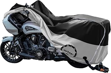 Heavy Duty Motorcycle Cover, Breathable, Reflective Strips, Elastic Bottom, Luggage Strap, Lockable Grom, Durable Sewn Cutouts, Outdoor, Waterproof Black/Silver, Extra Large